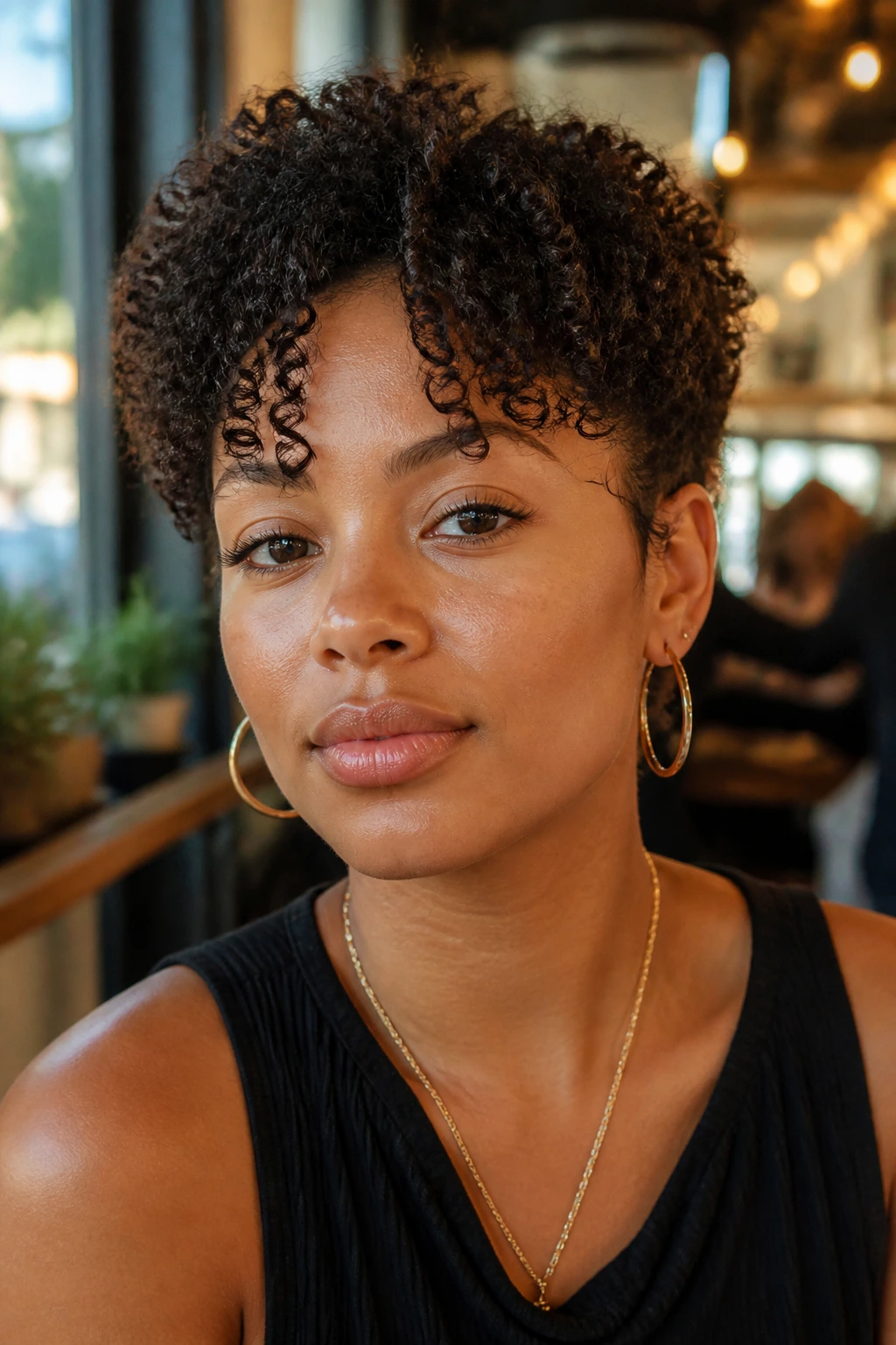 Close-up portrait of a real person with a coily French crop and split bangs.