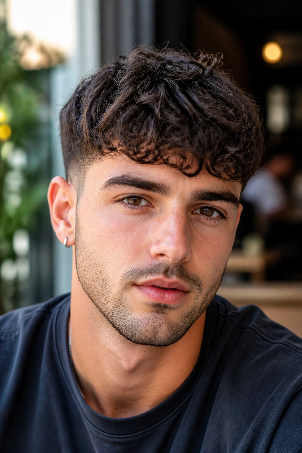 Close-up portrait of a real person with a French crop and curly fringe.