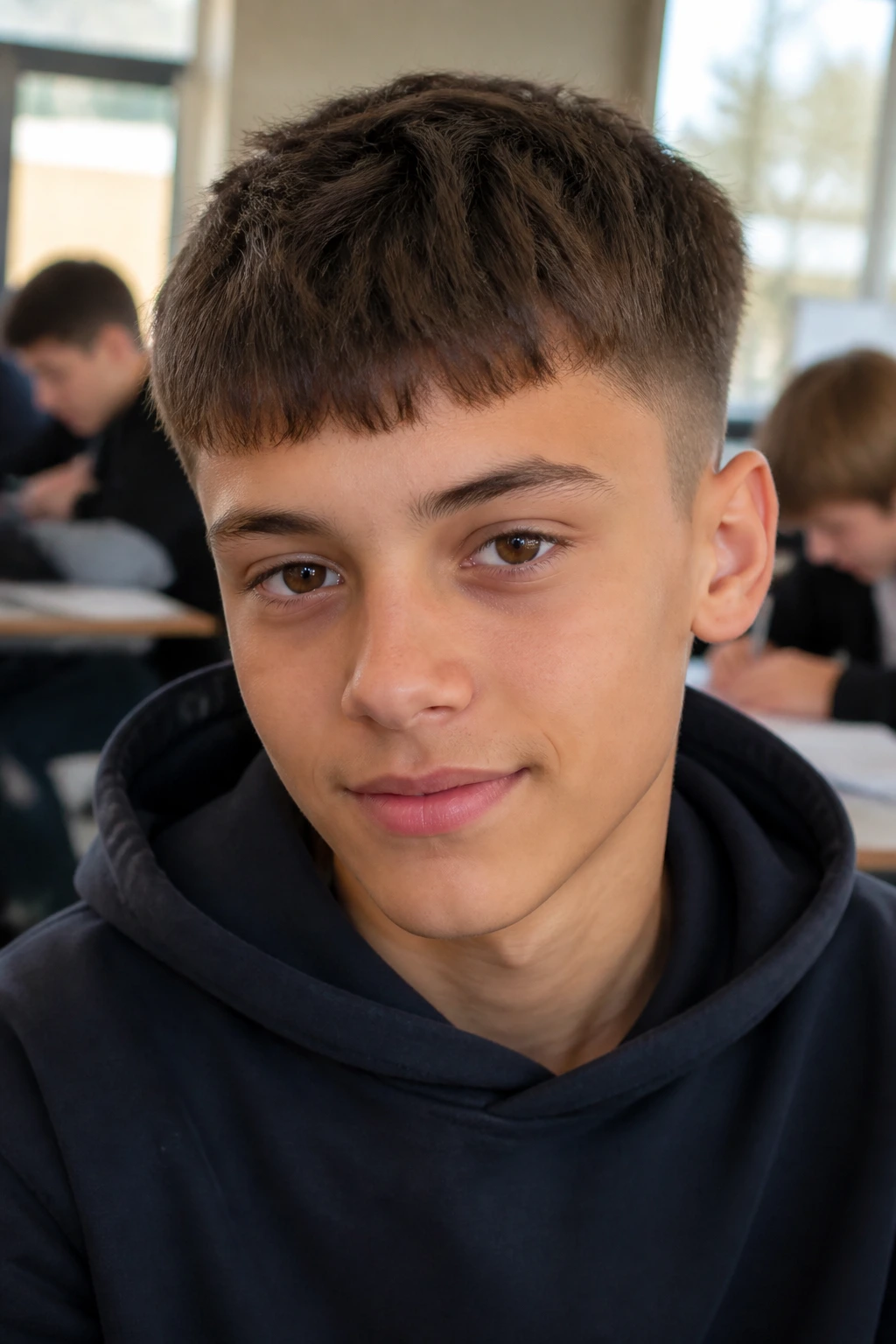 Close-up of a boy with a French crop fringe in a bright classroom
