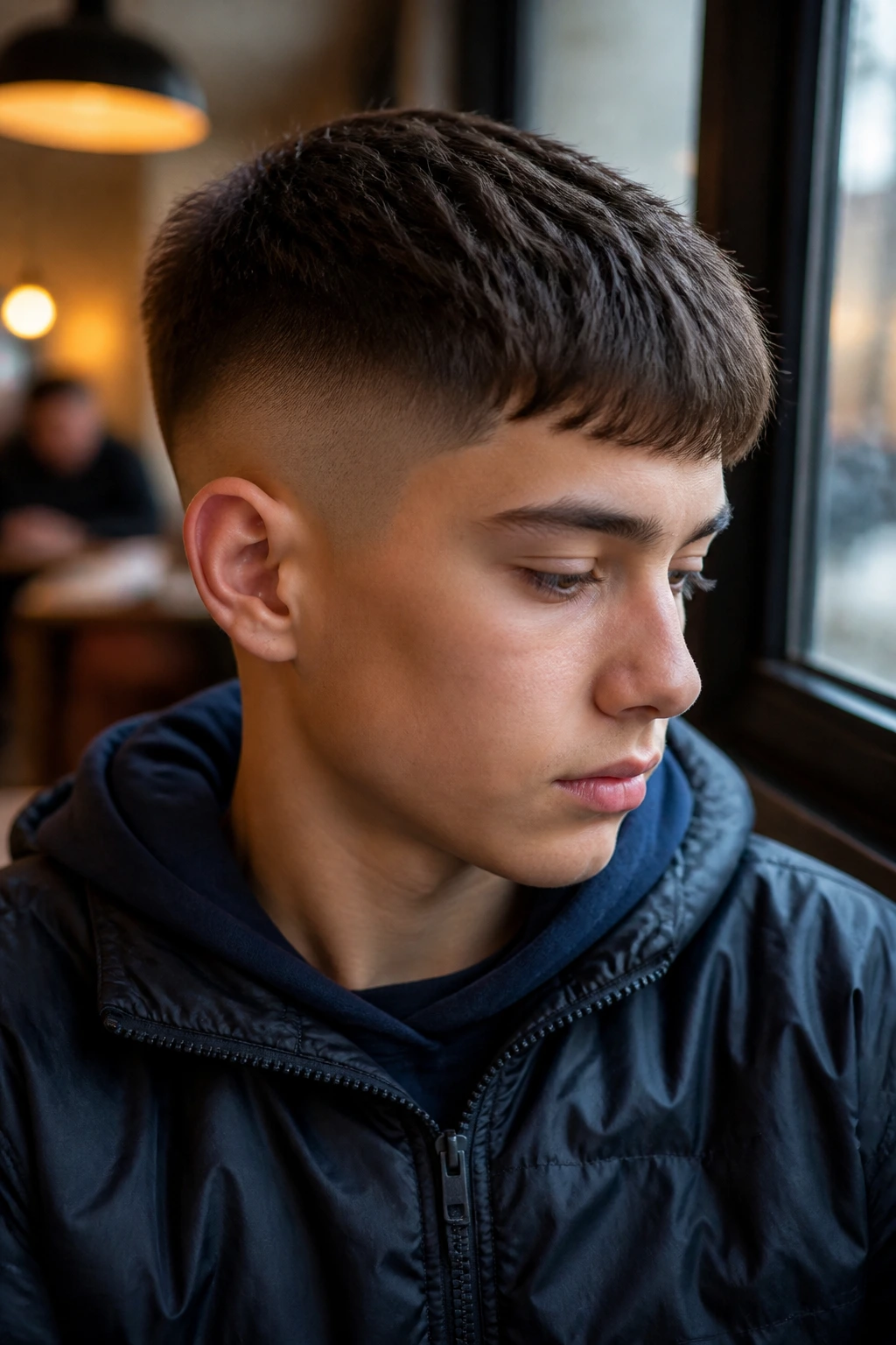 Close-up of a real boy with French crop and skin fade.