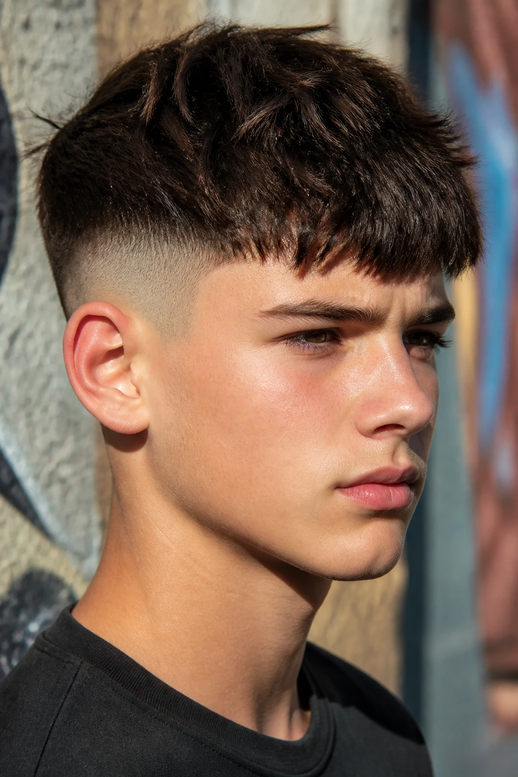 Portrait of a boy with messy French crop and skin fade outdoors