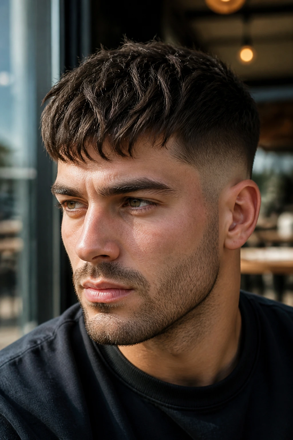 Portrait of a man with forward fringe and taper fade at temples