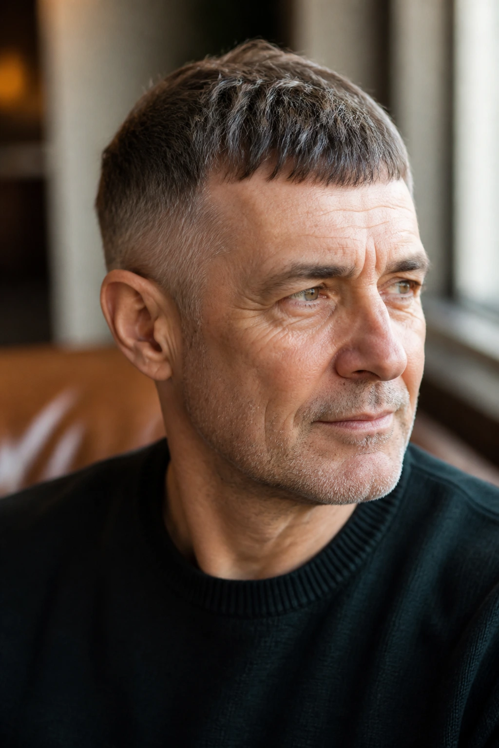 Close-up portrait of a man with a French Crop with Taper showing textured fringe and tapered sides