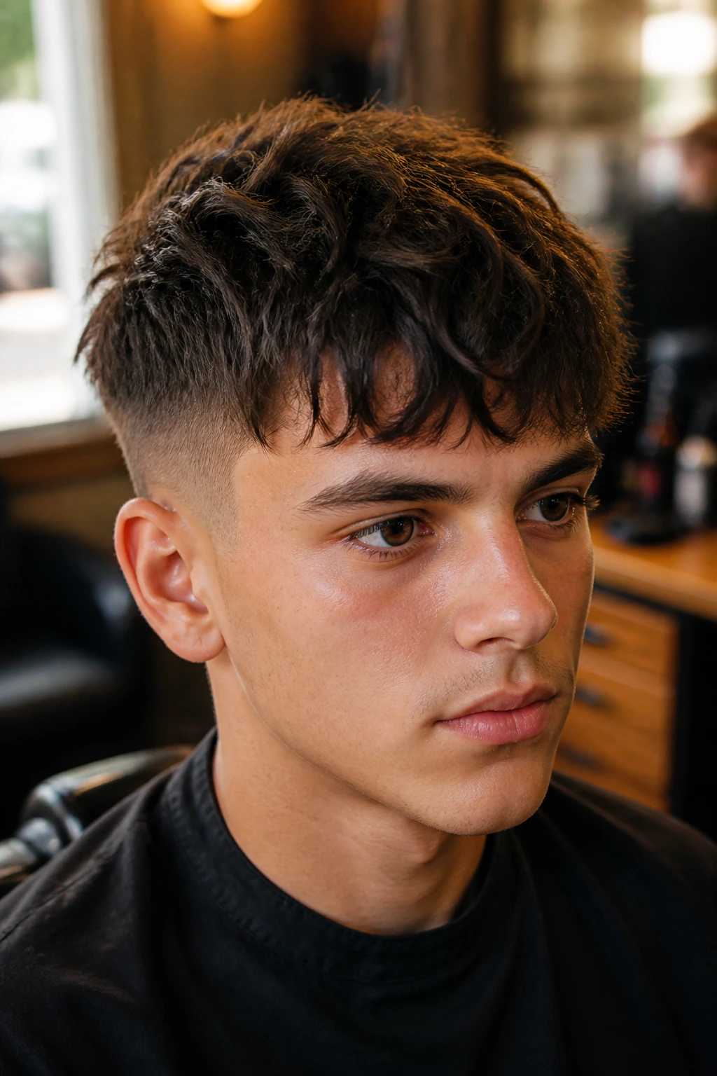 Close-up portrait of a real boy with a messy French crop and choppy top in a barbershop setting.