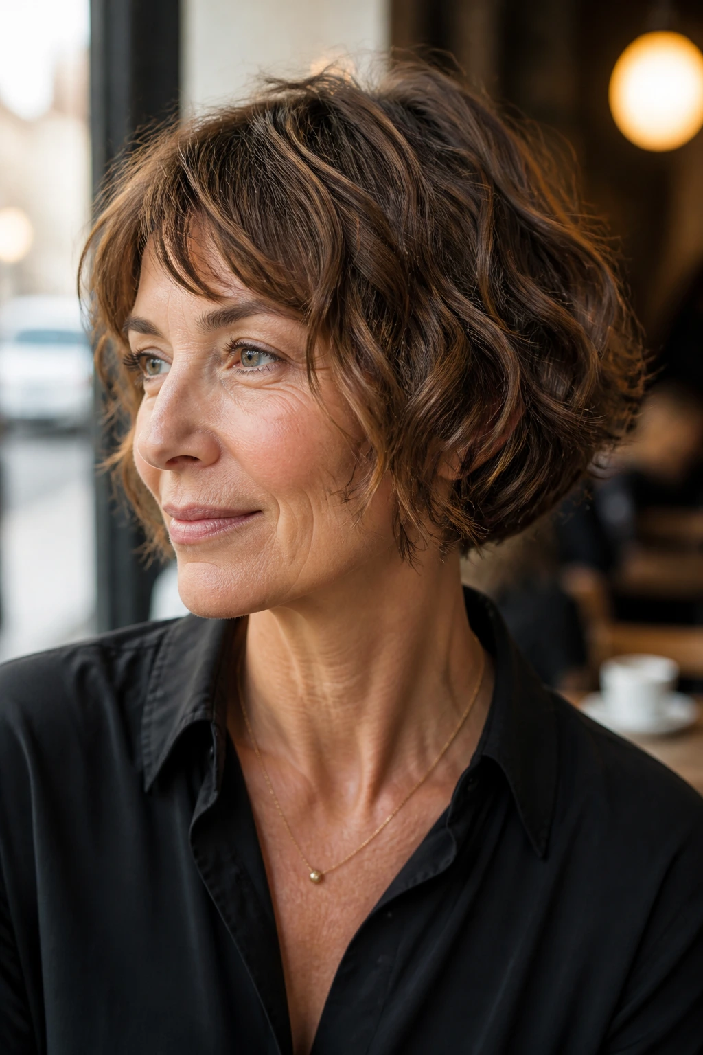 Close-up of a woman with a French-inspired cropped wave bob