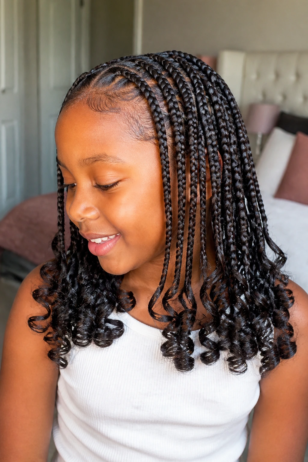 Close-up of a child with French curl braids and curled ends in natural bedroom light.