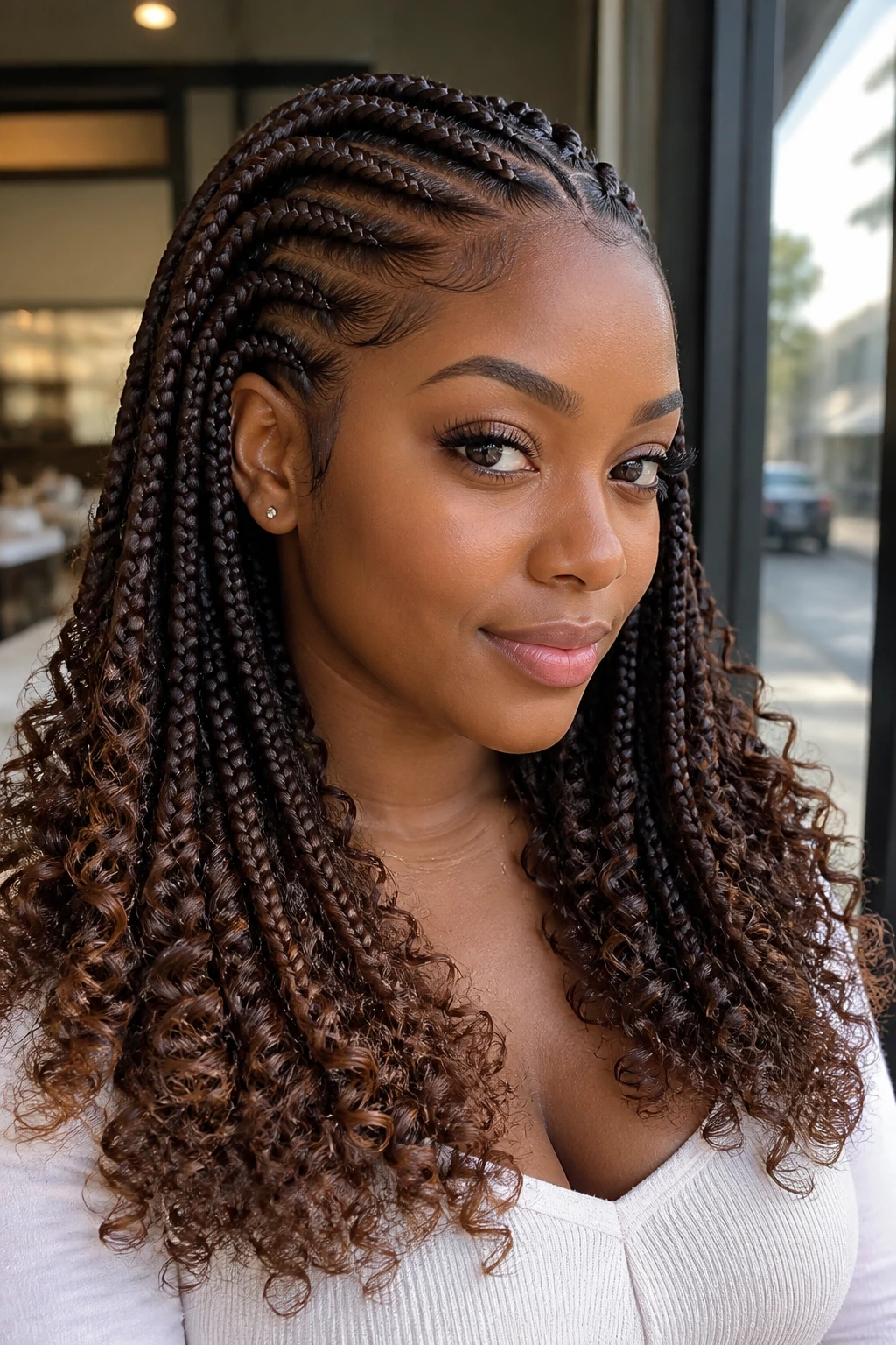 Close-up of French curl braids with chocolate depth on a real woman