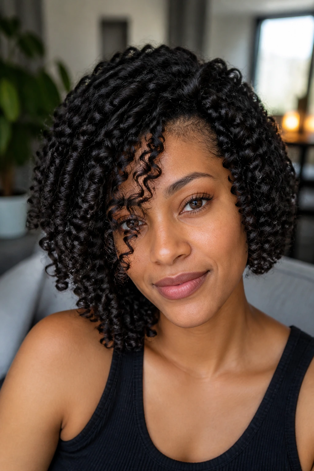 Close-up of real woman wearing a French curl crochet bob