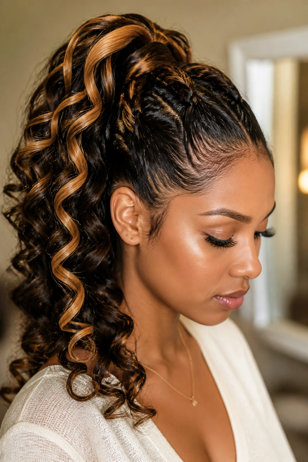 Close-up of a real woman with French curl ponytail and caramel ribbons