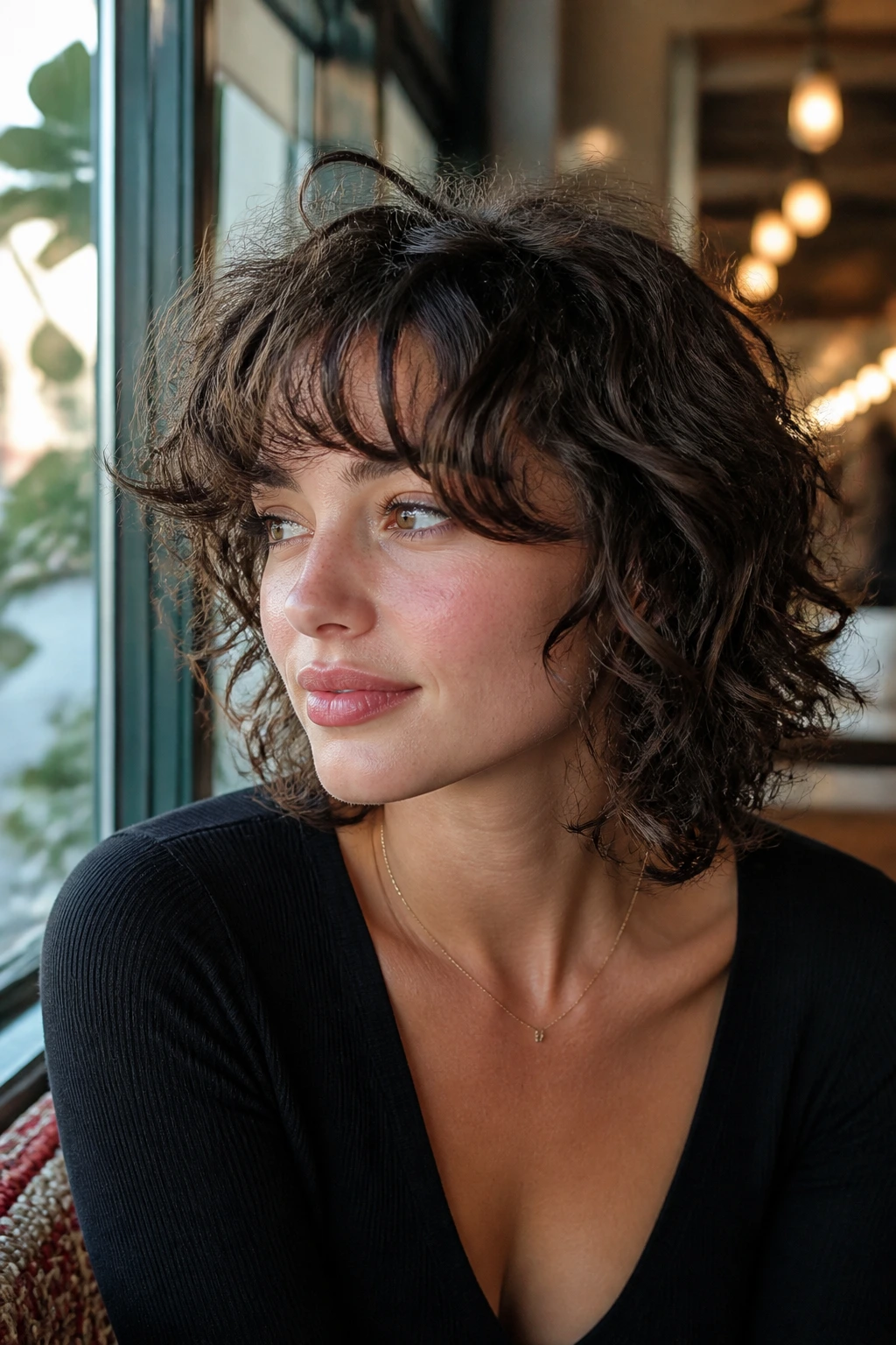 Close-up portrait of a real woman with curly fringe bending at brow in a French Girl shag.