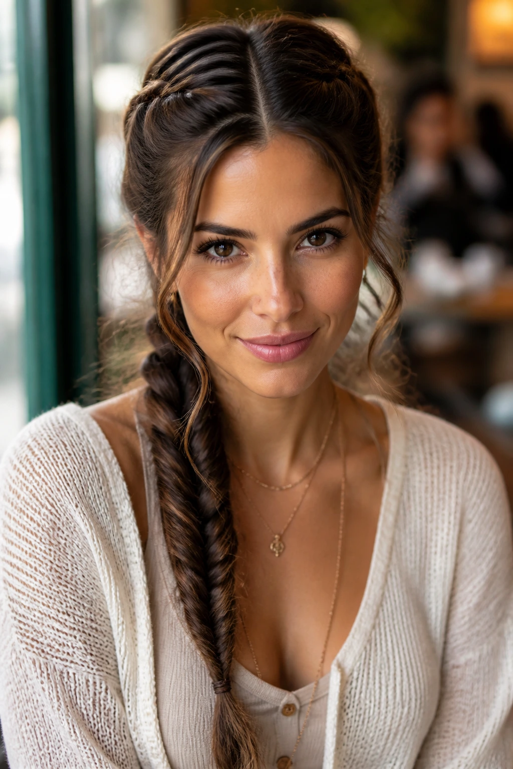 Close-up of real woman with French braid transitioning into fishtail on wavy hair