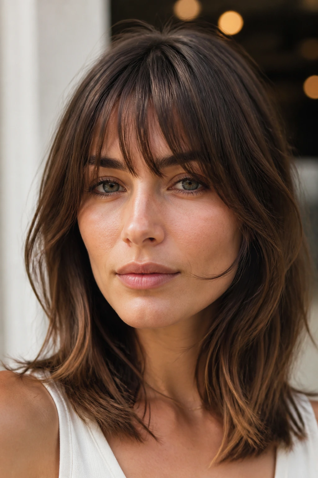 Close-up of a real woman with soft French fringe and airy cheek layers