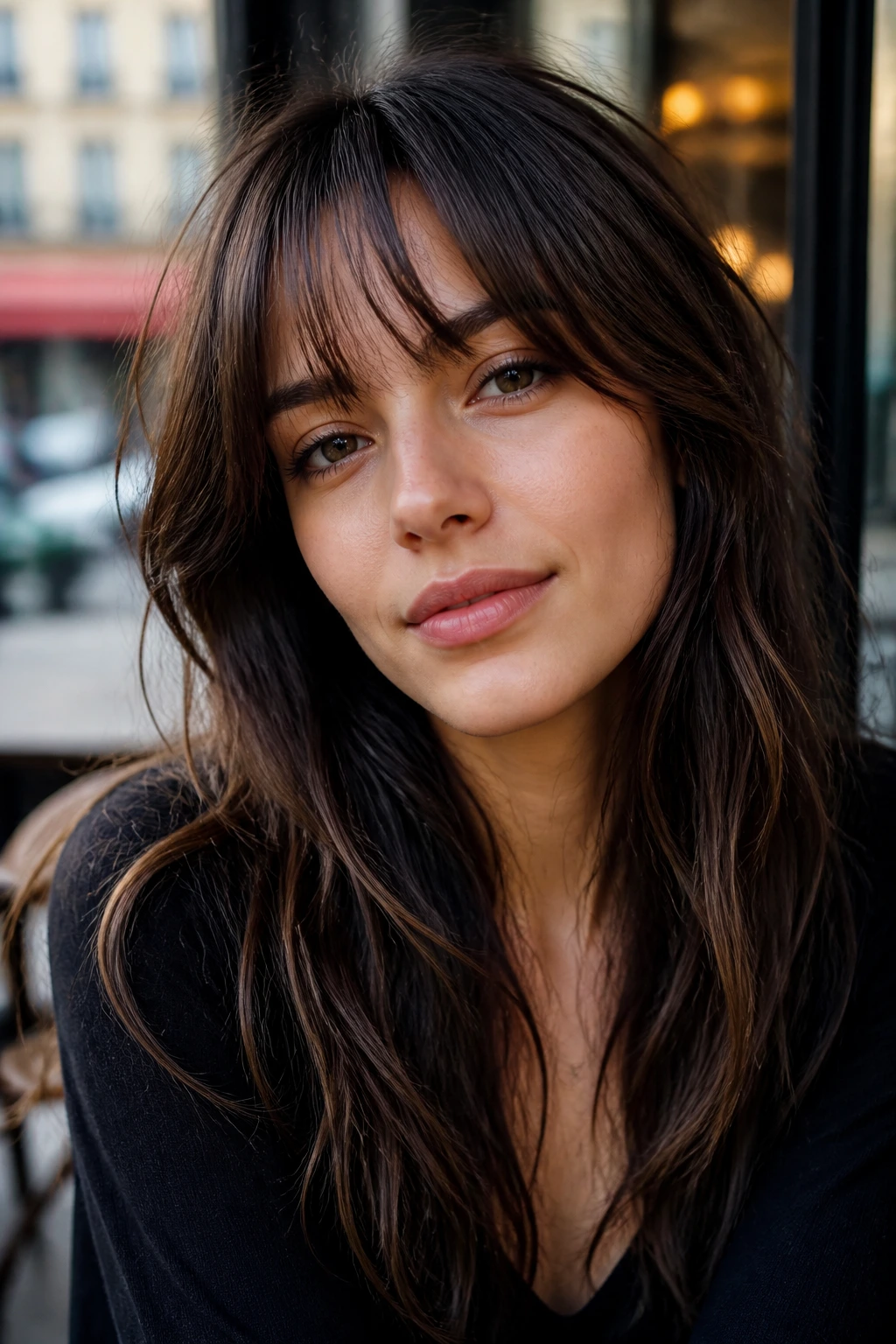 Close-up of a real woman with French-girl fringe and airy gaps in cafe light