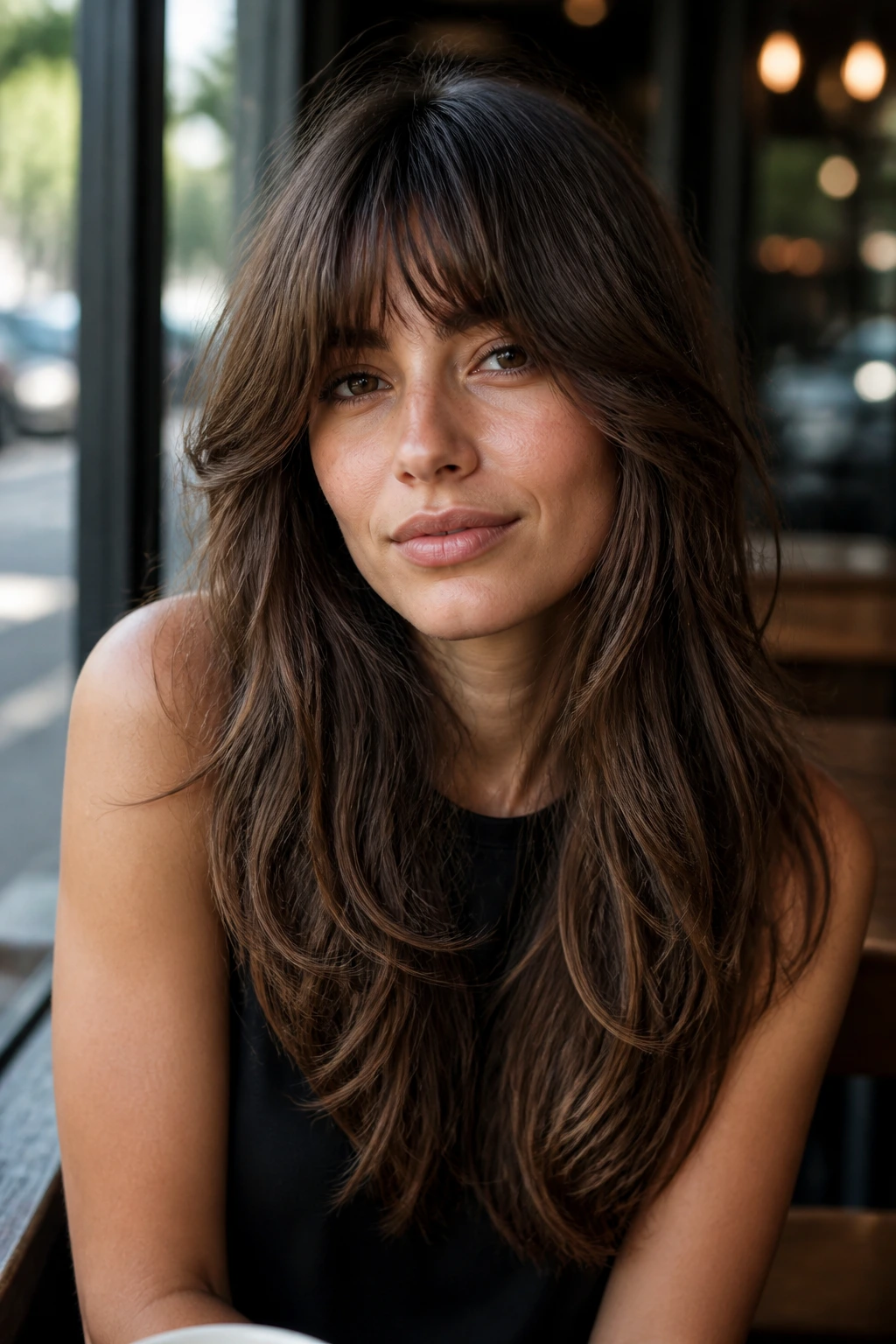 Real woman wearing a French fringe with long layers and a fuller center.