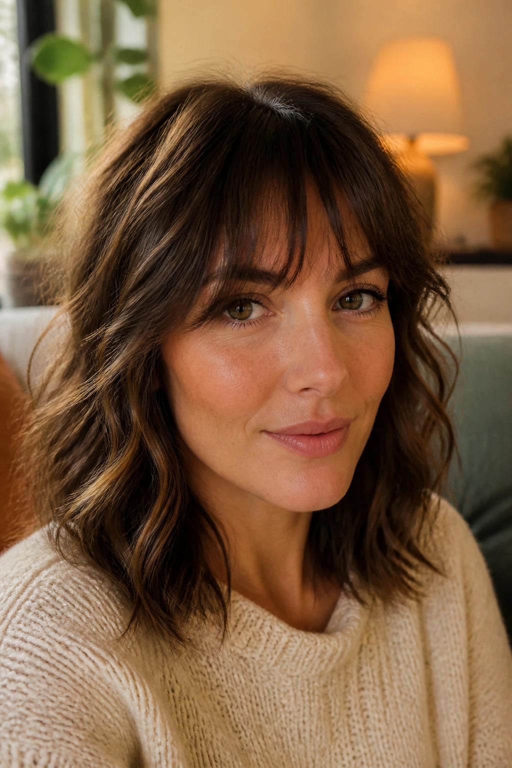 Close-up of a real woman with a brow-skimming French fringe and soft waves