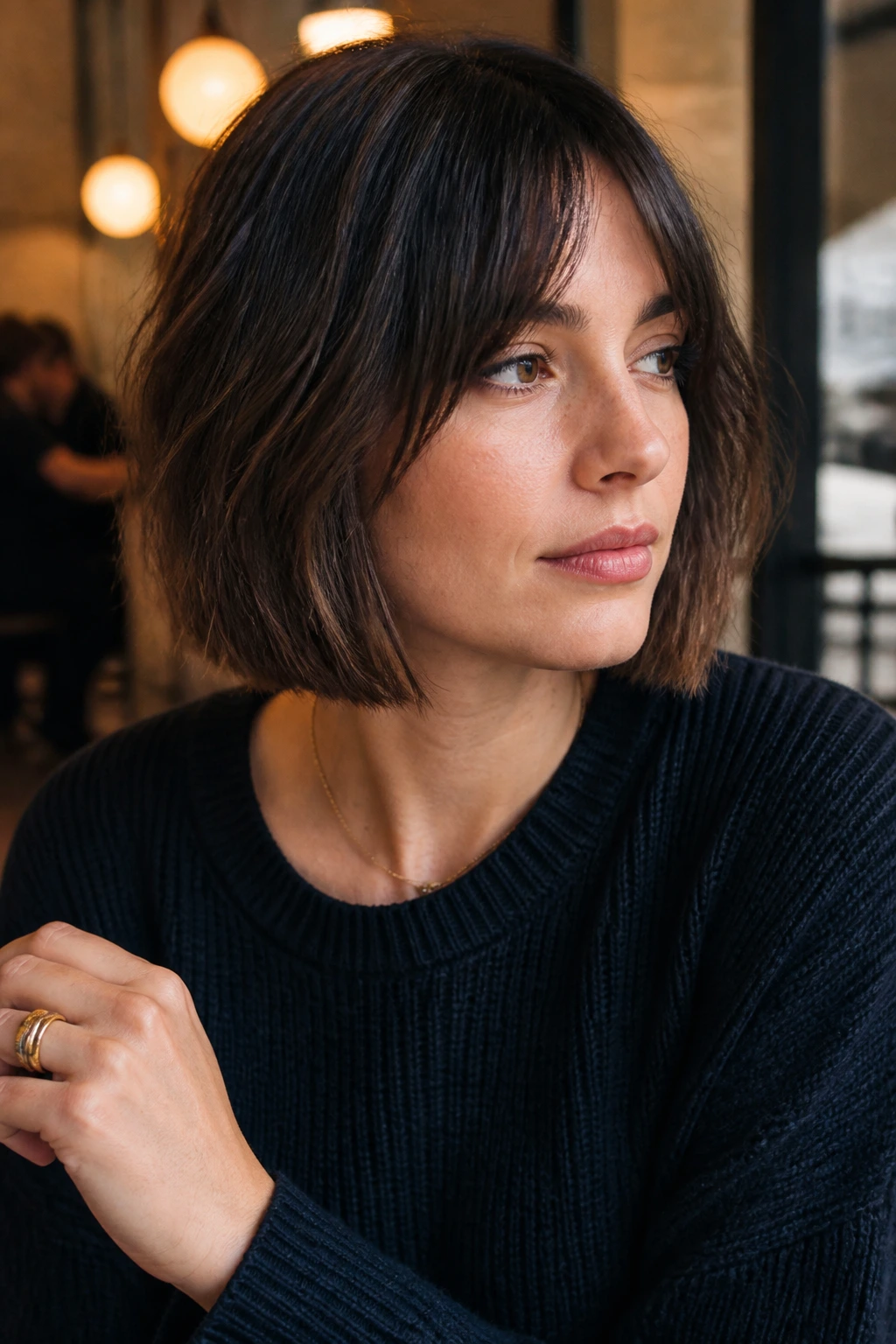Close-up portrait of a real woman with a French-Girl A-Line Bob in warm daylight.