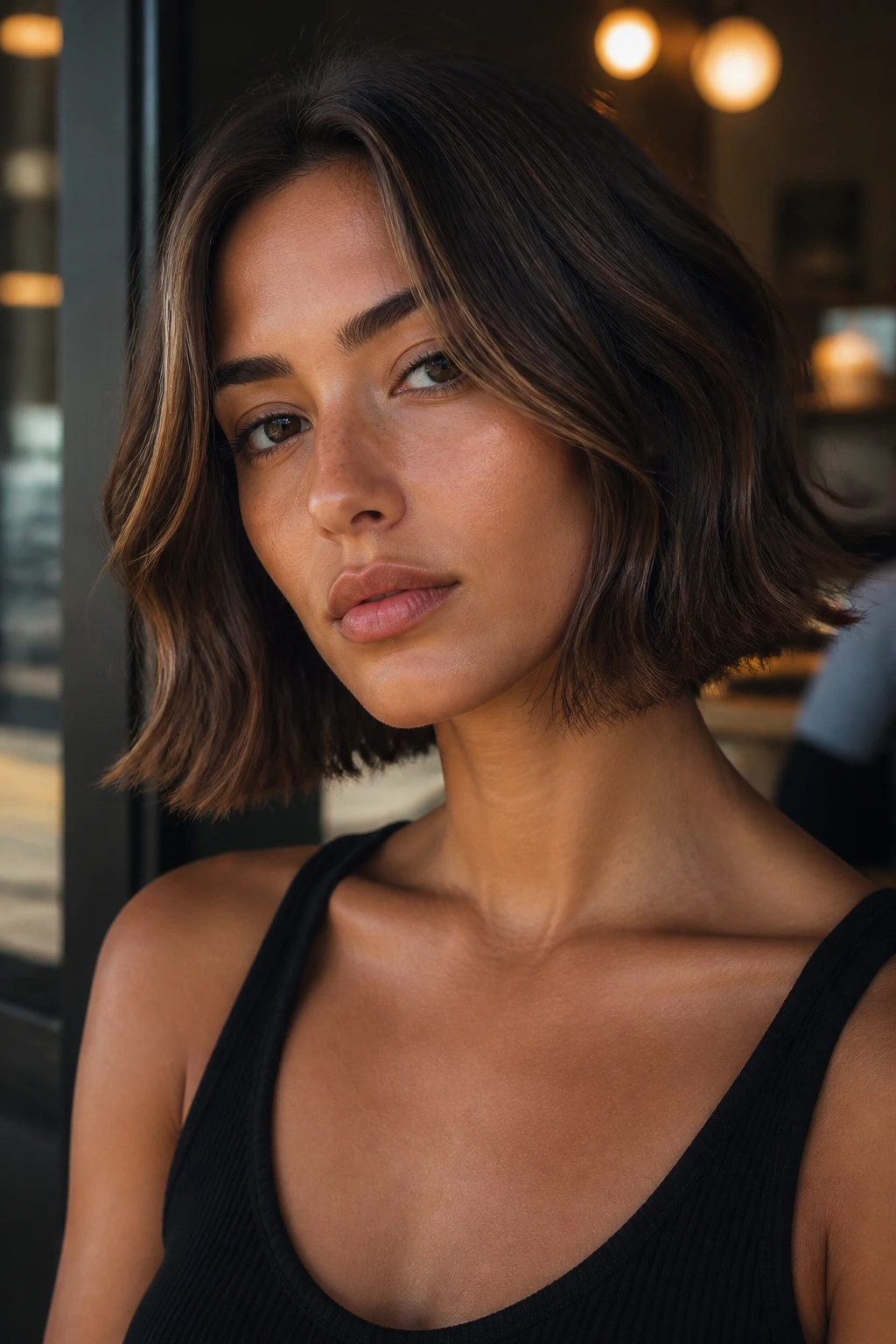 Real woman wearing a French-girl bob with a gentle bend at the ends.