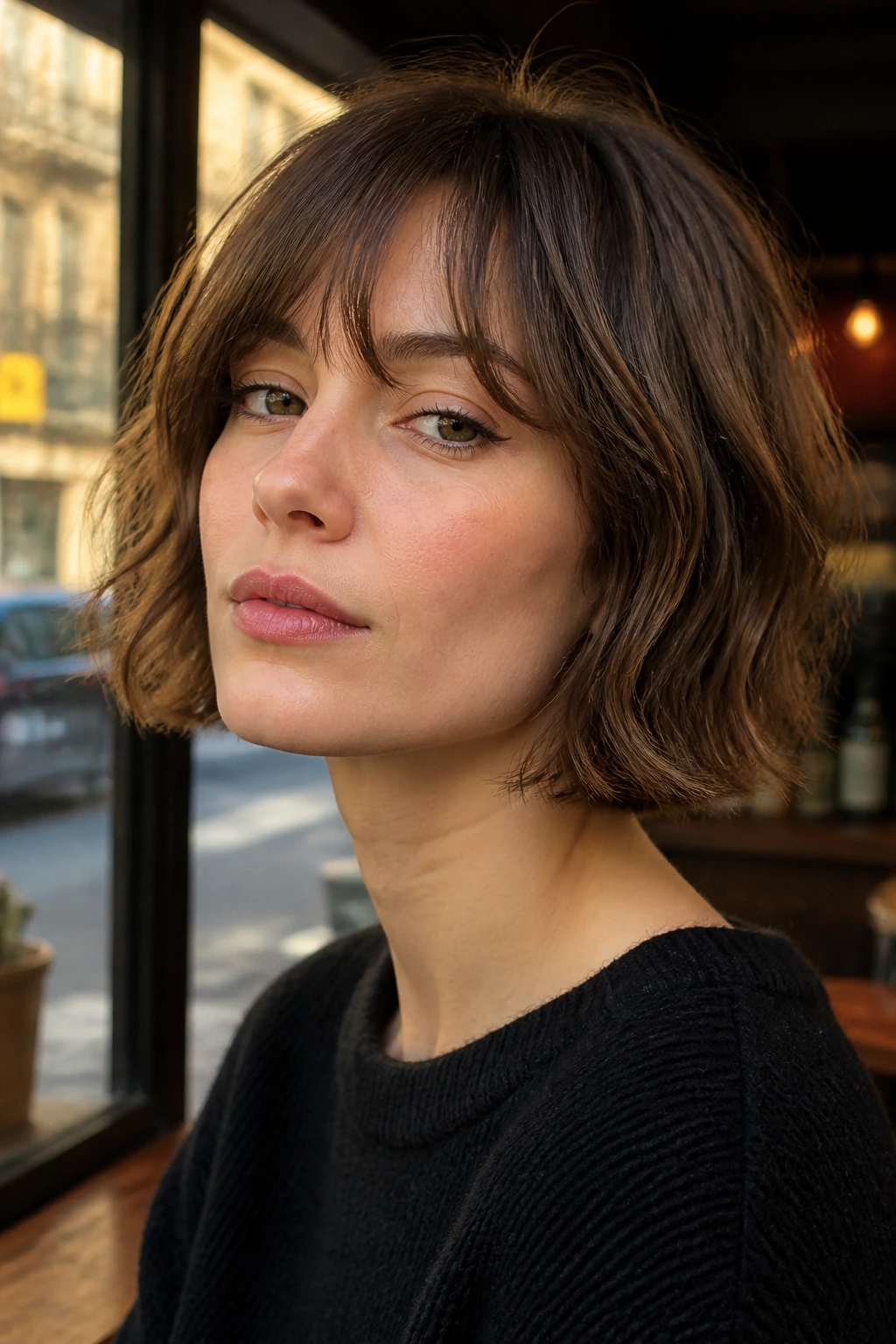 Close-up portrait of a real woman with a French-Girl Bob With Minimal Layers in sunlit cafe window light