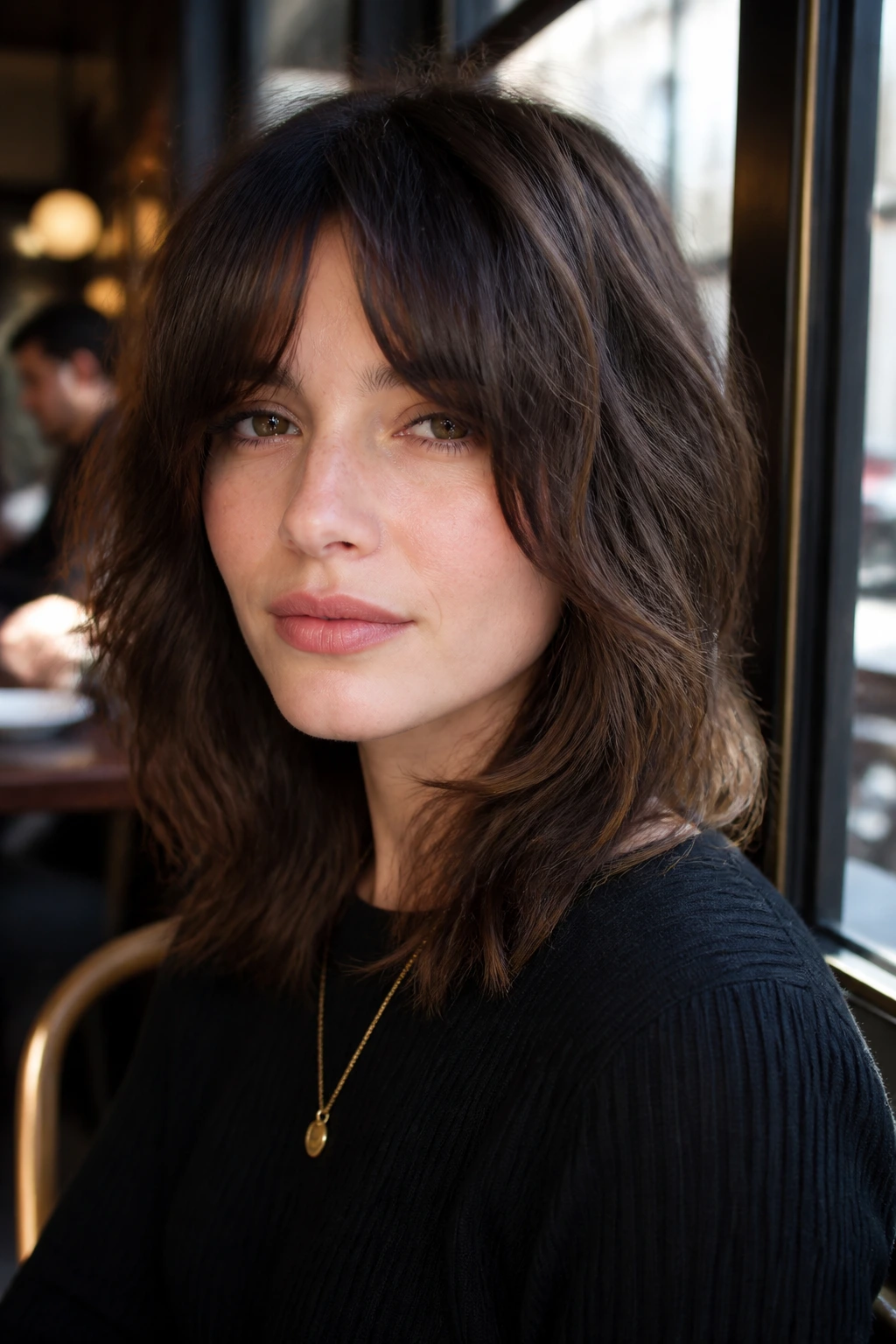 Close-up of a real person with French-Girl Shag With Bottleneck Bangs and center-open bangs