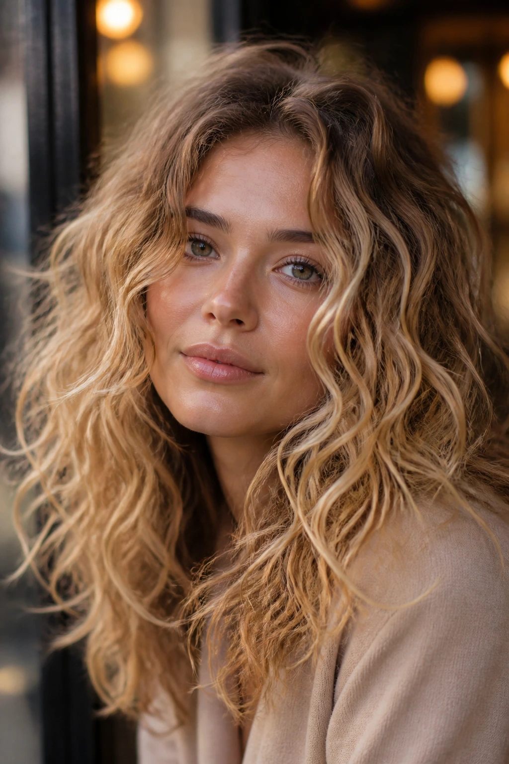 Close-up of a real woman with tousled French girl curls in soft beige blonde