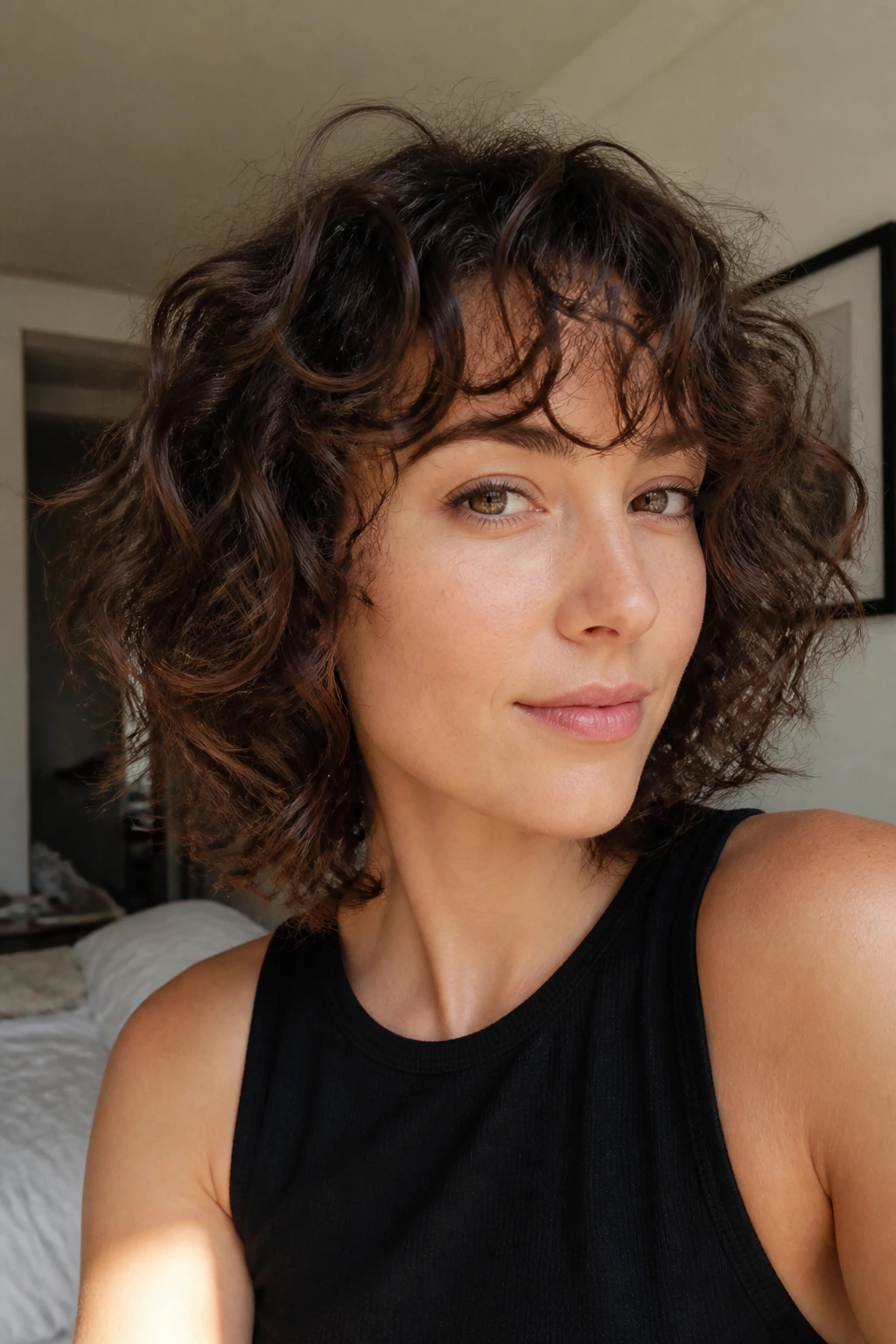 Close-up of a real woman with imperfect French-girl curly bangs grazing the brows in soft daylight