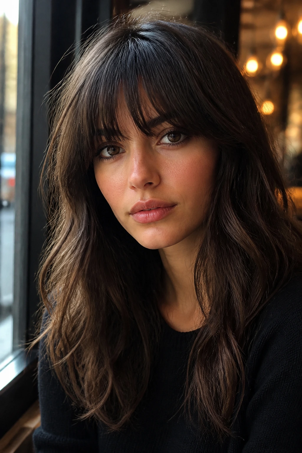 Brunette with blunt-ish French-girl fringe near the lashes at a cafe window