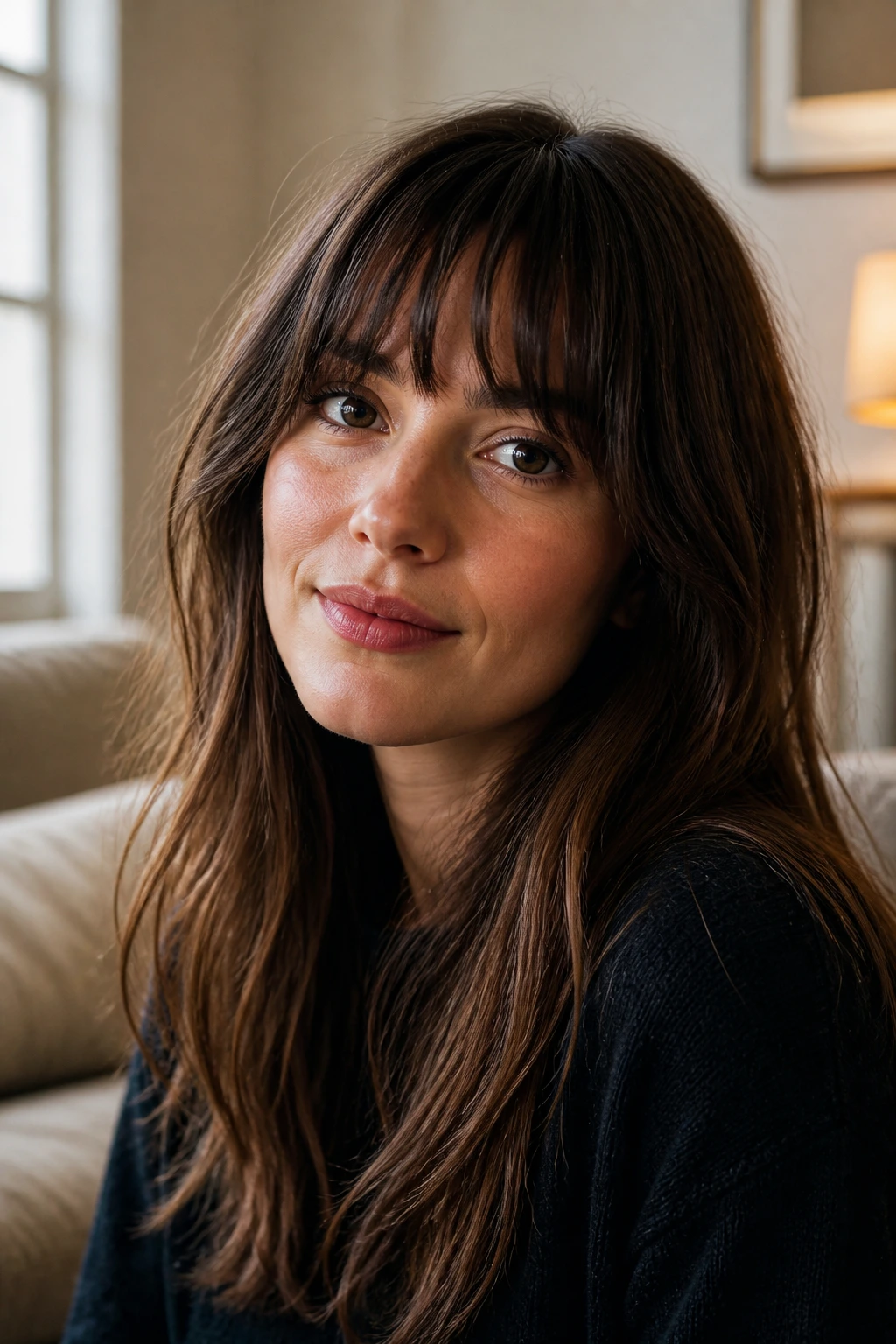 Real woman with French-girl fringe around brows in warm living room
