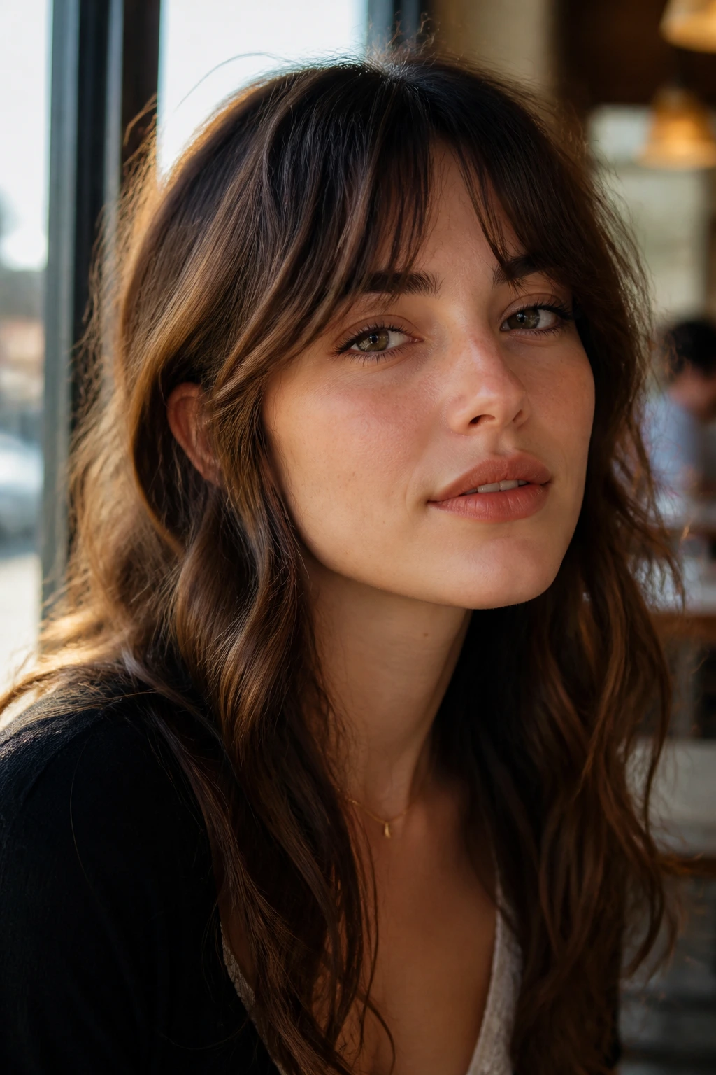 Close-up of a real woman with a French girl fringe and wavy hair in warm window light