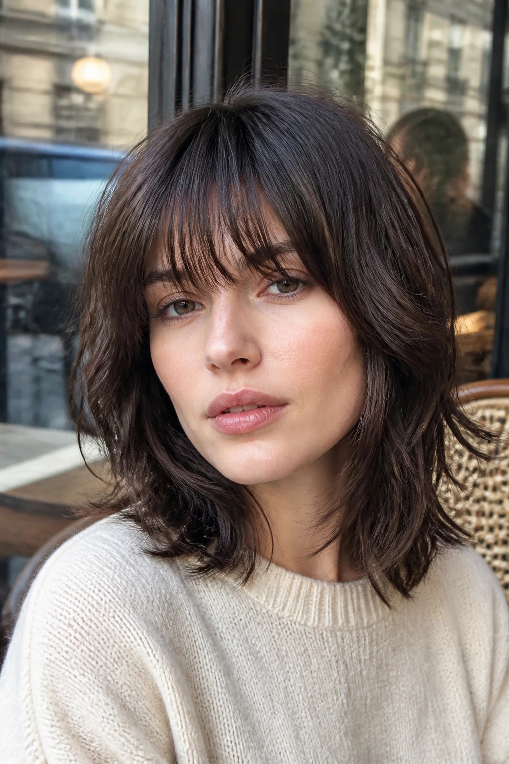 Close-up portrait of a real woman with French-girl fringe shag.