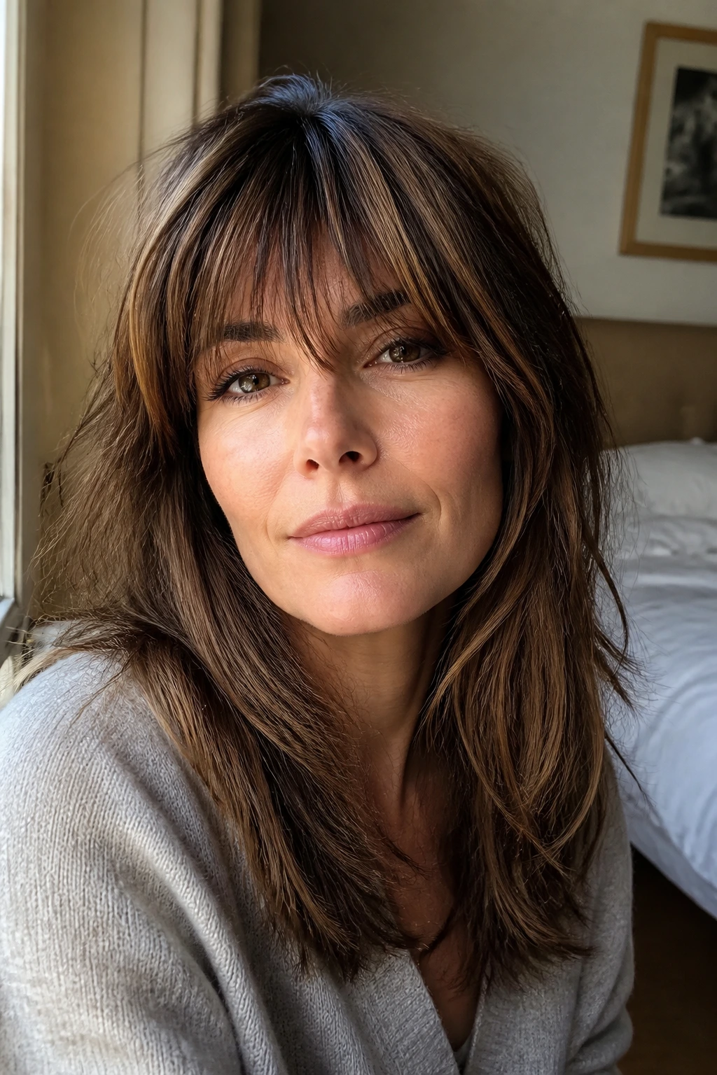 Close-up of a real woman with eyelash-length bangs and soft layers in natural light