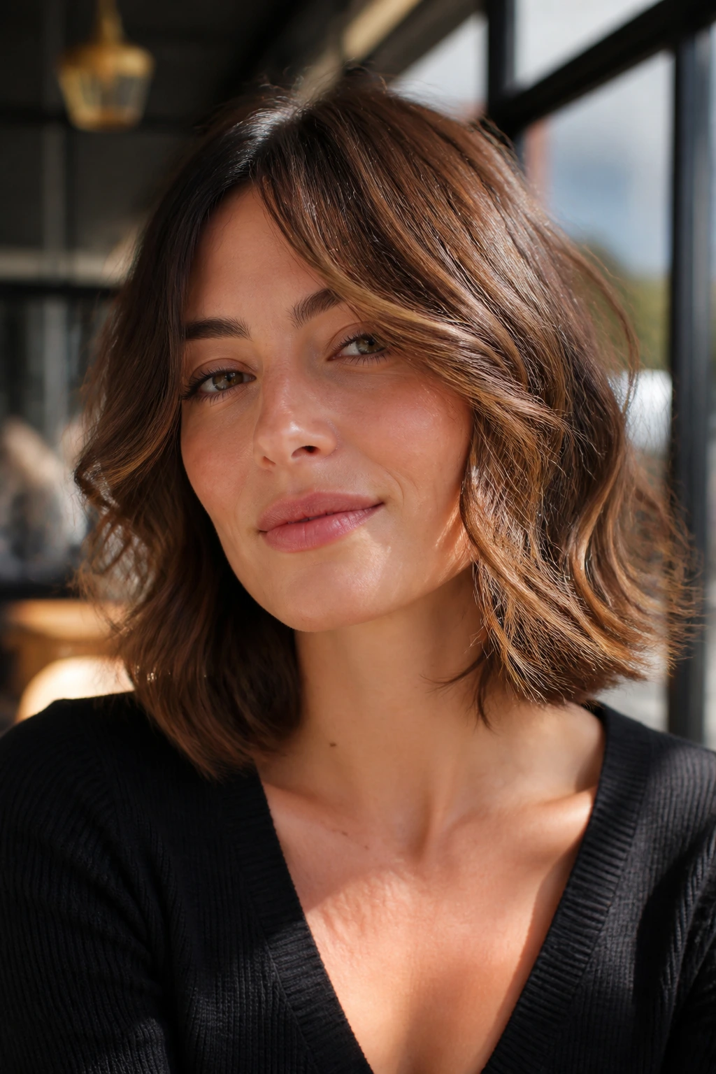 Close-up of French-girl lob with cheekbone pieces on a real woman