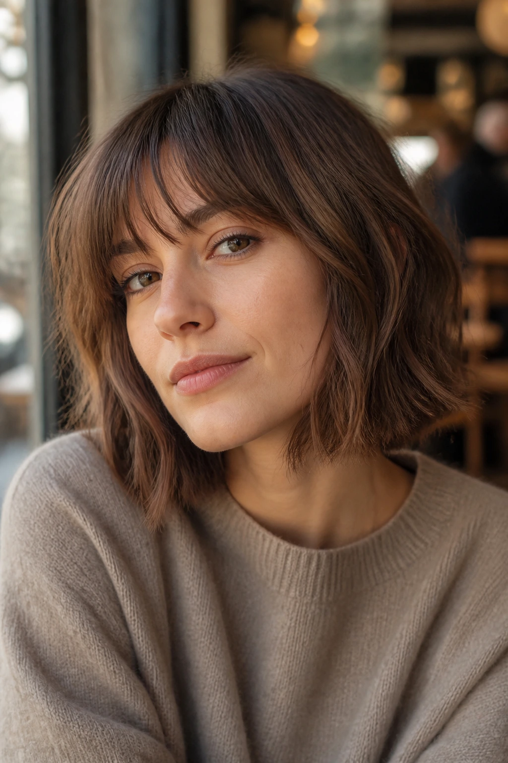 Close-up of a real woman with jaw-skimming fringe French-girl lob in cafe light