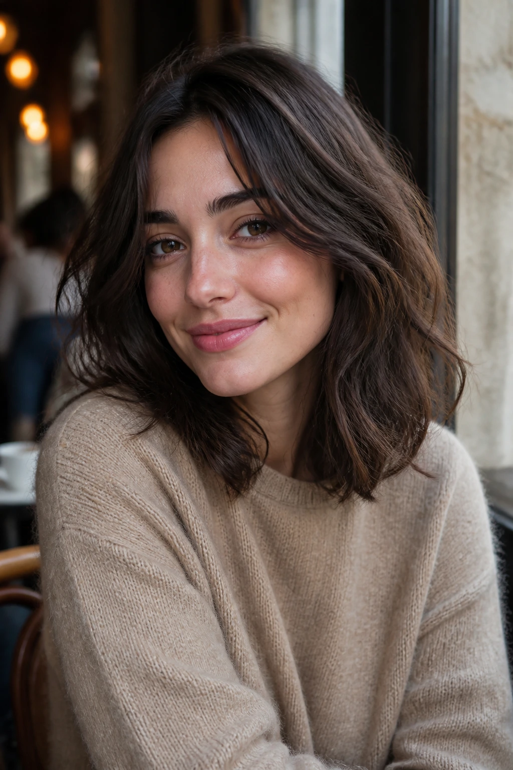 Portrait of a real woman with French-Girl Lob and natural volume.