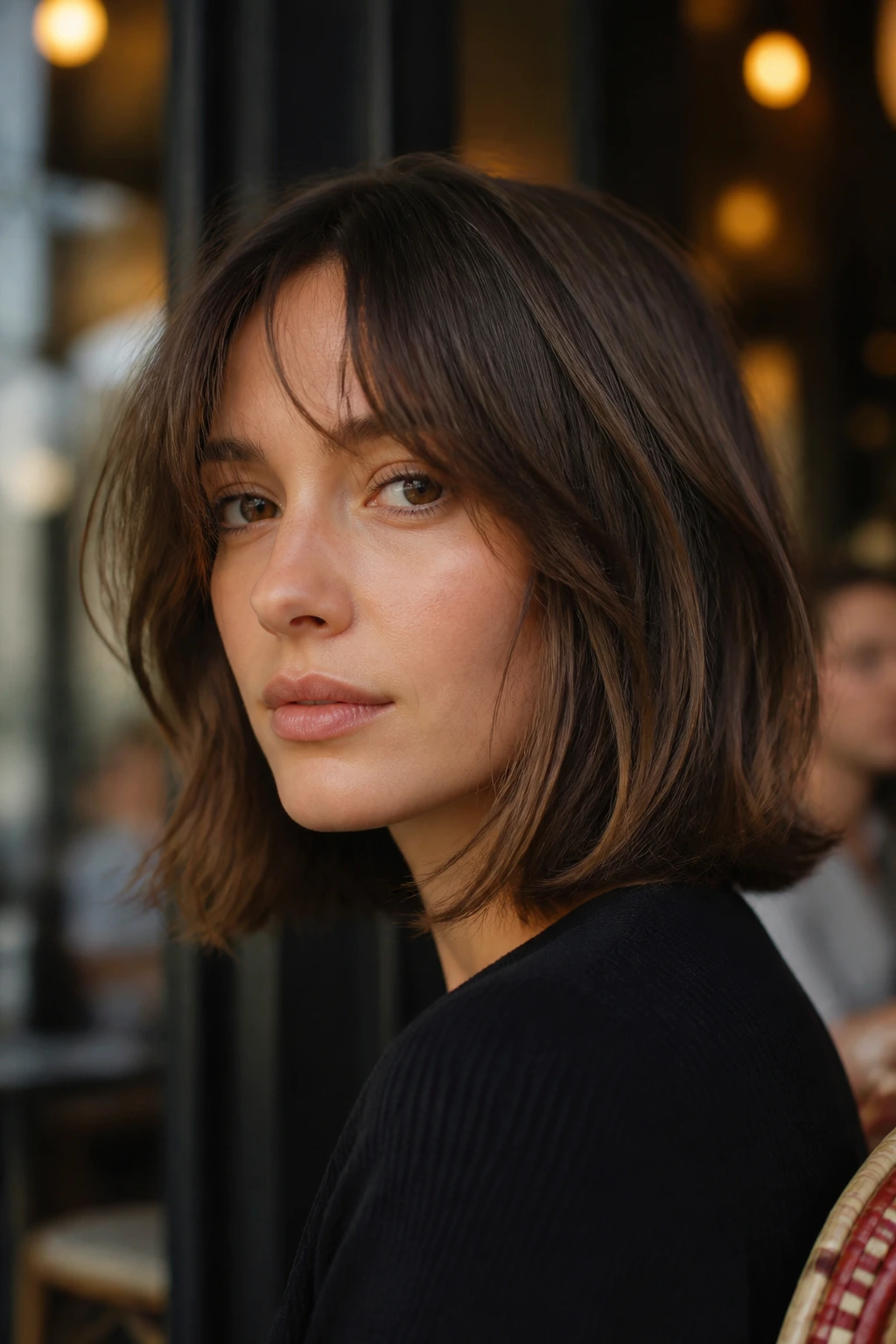 Close-up of a real woman with a relaxed French-girl lob in cafe light.