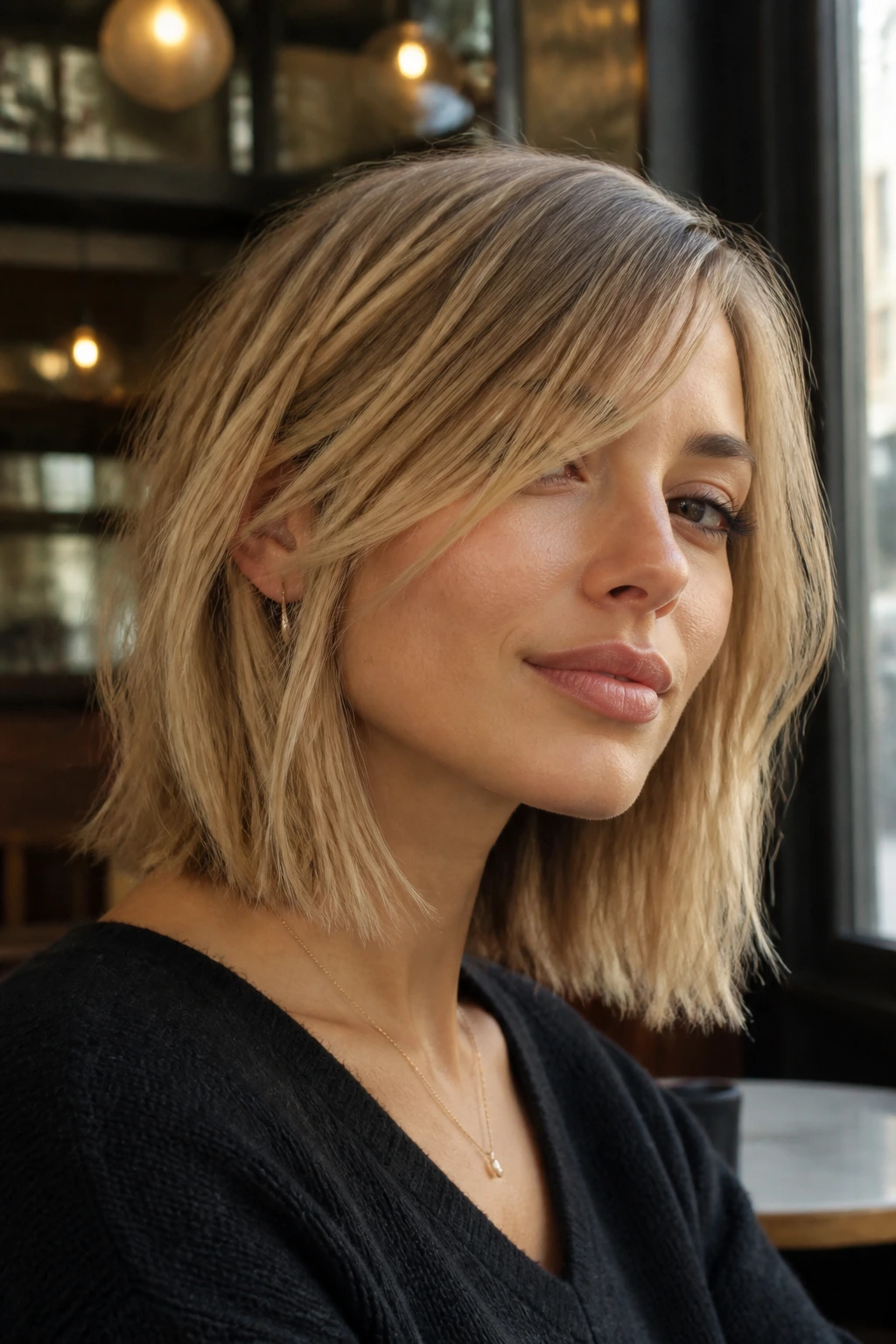 Portrait of a woman with French-girl lob and side fringe in a Parisian cafe setting.