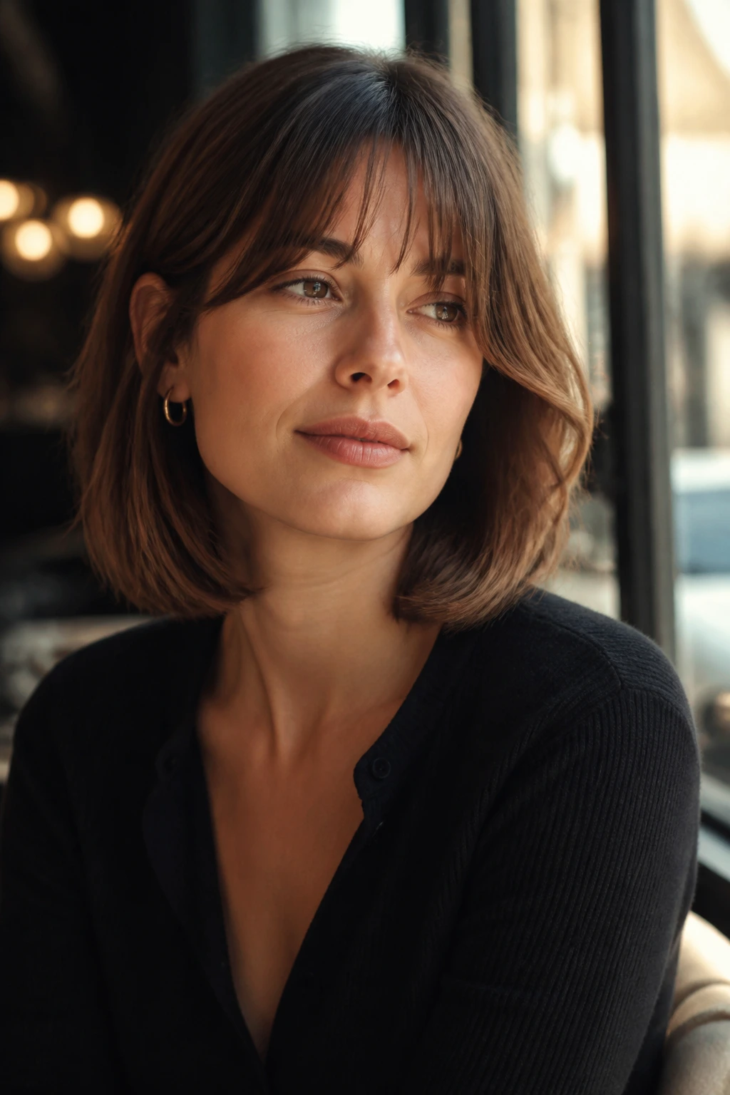 Close-up of a real woman with a collarbone-length lob tucked behind one ear and soft waves.