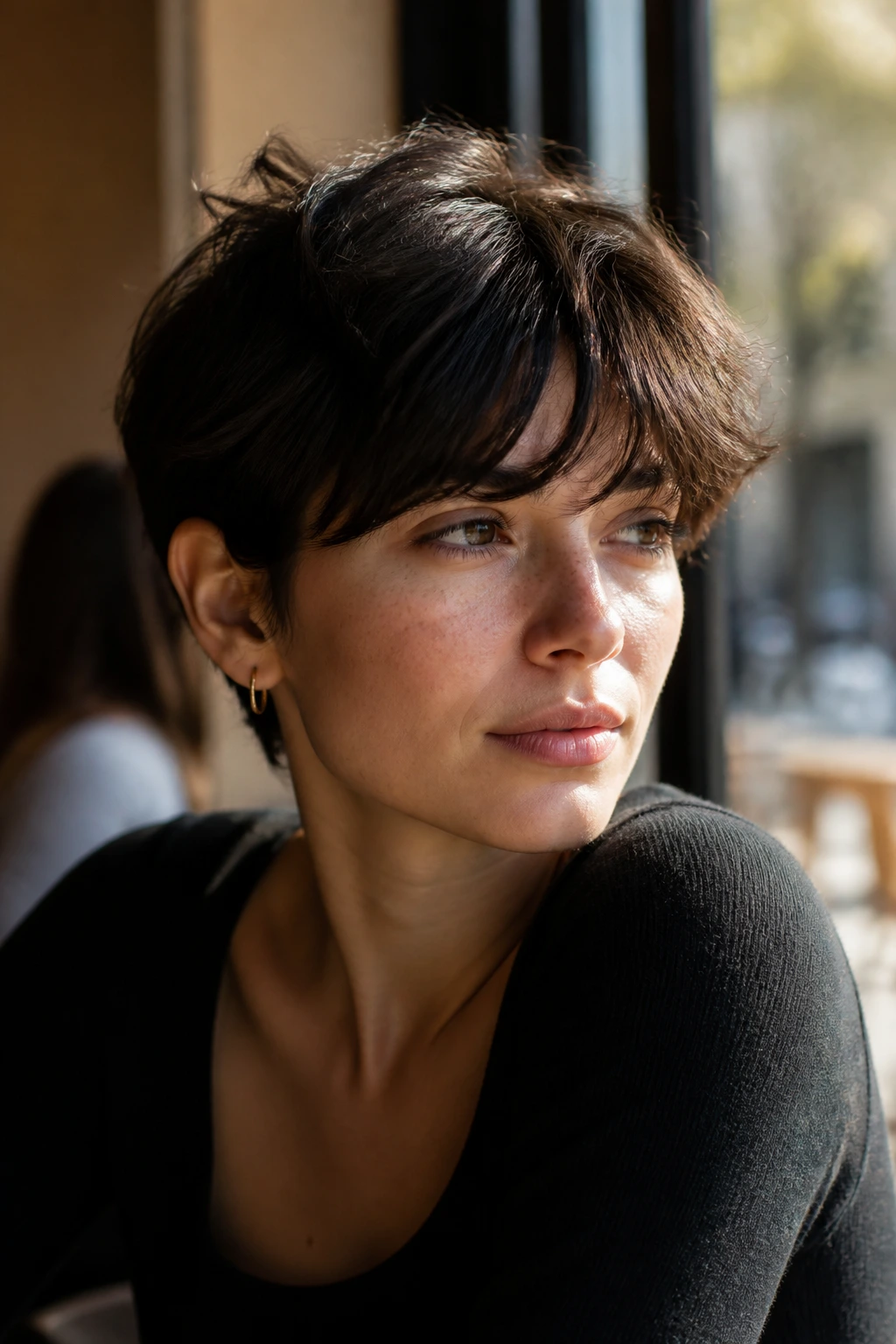 Close-up portrait of a real woman with brow-grazing bangs in a French-girl pixie at a sunlit cafe window