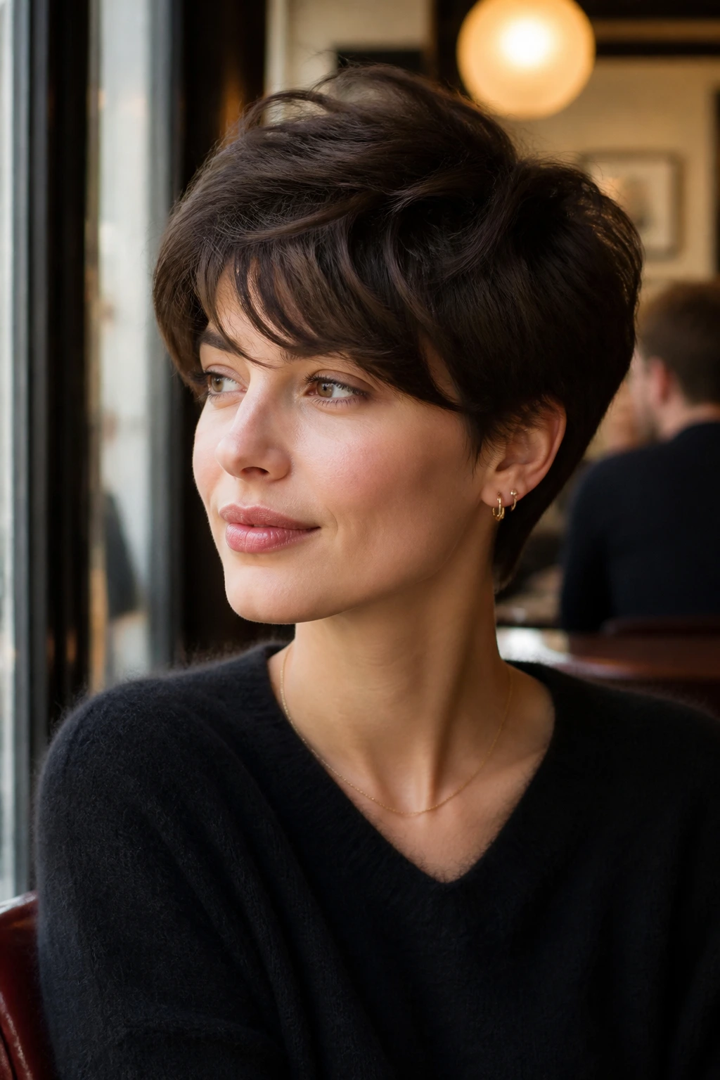 Close-up of a real woman with a soft, off-center fringe in a French-girl soft pixie under cafe daylight.