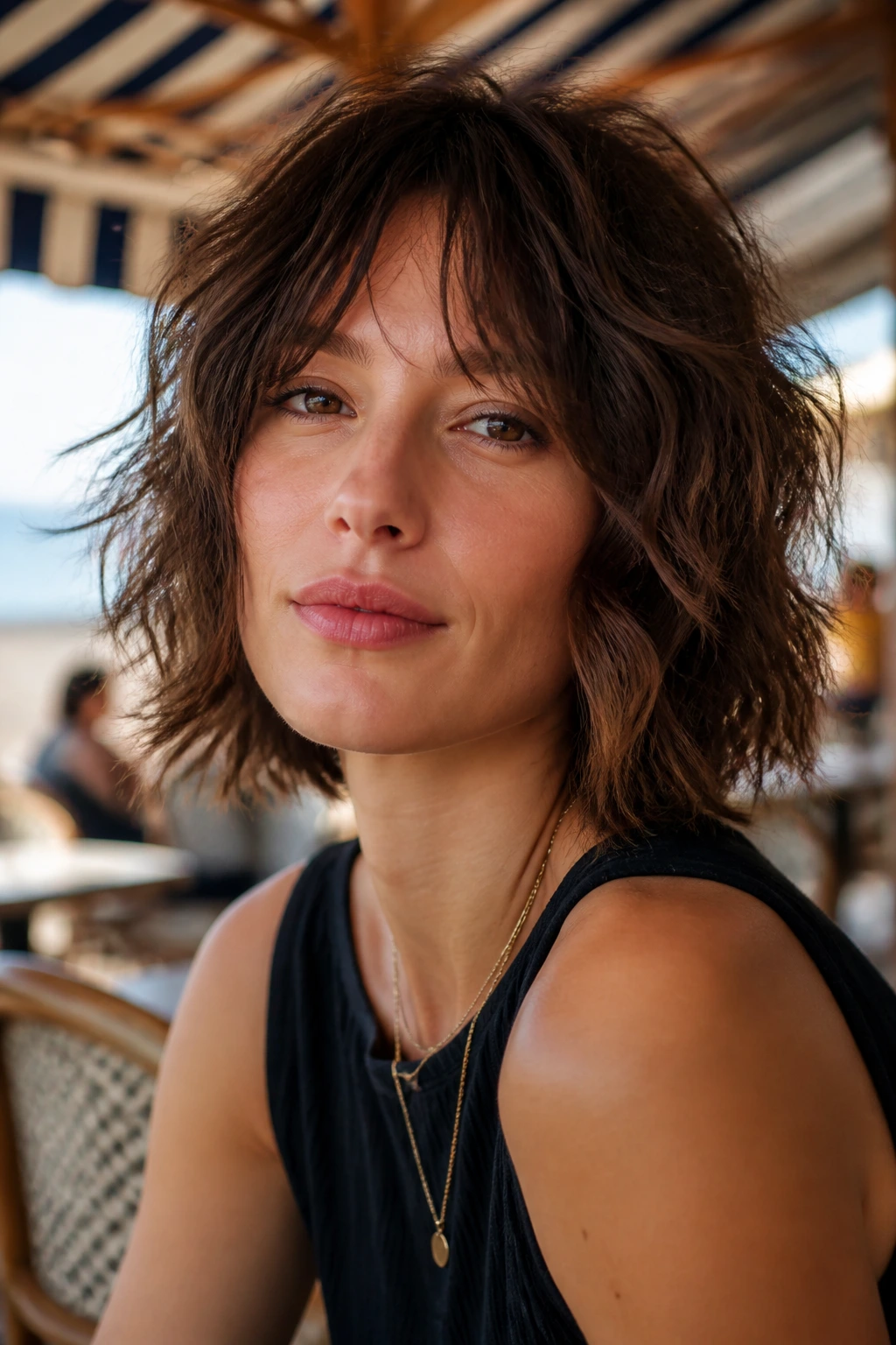 Portrait of a woman with a French-Girl Shag Bob and tousled waves