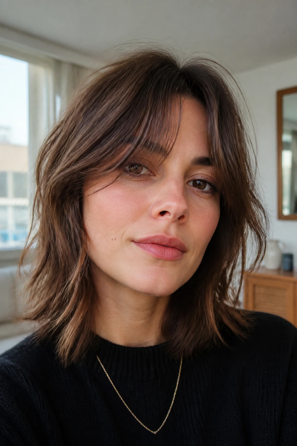 Close-up portrait of a real woman with French girl shag and soft curtain fringe