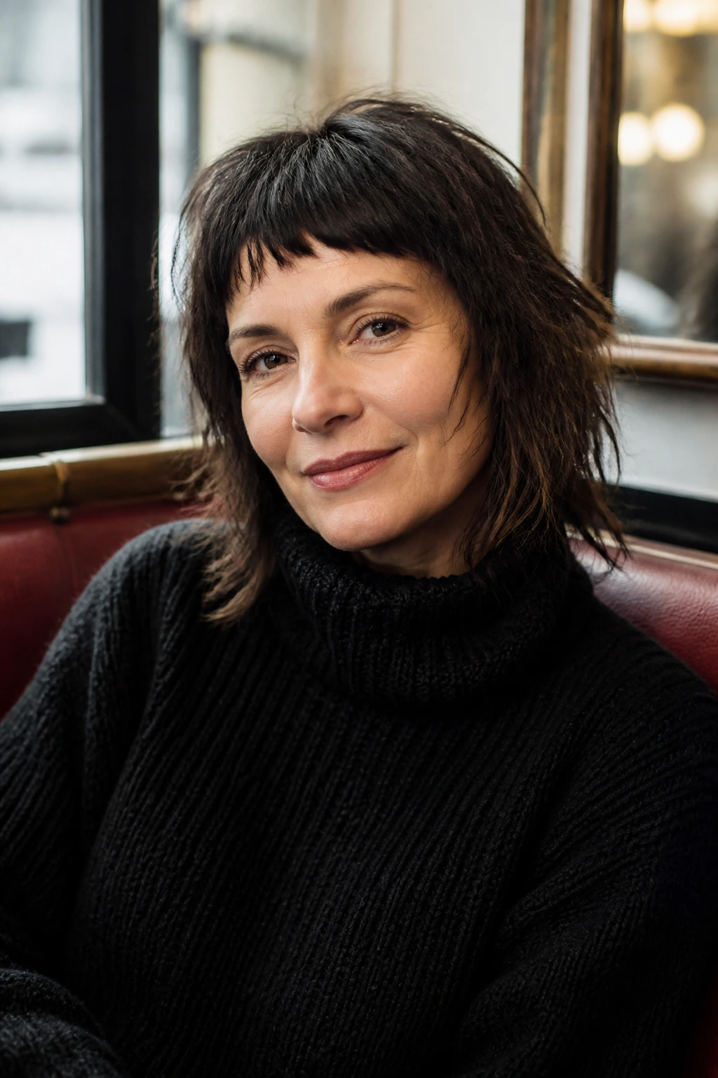 Close-up portrait of a real woman with French-girl shag and micro fringe