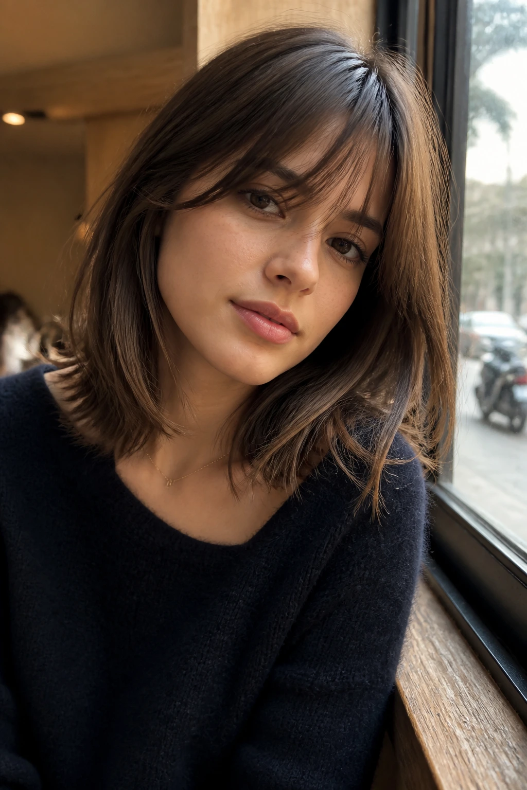 Close-up portrait of a real person with French-Girl Shoulder Layers featuring an off-center fringe