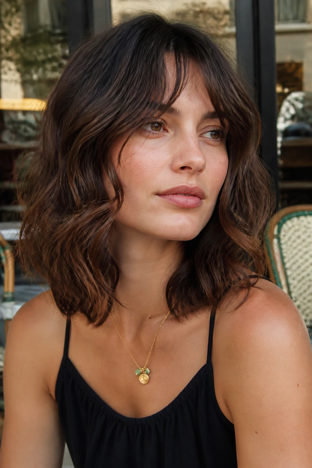 Close-up of a real woman with French-girl wavy lob and loose texture