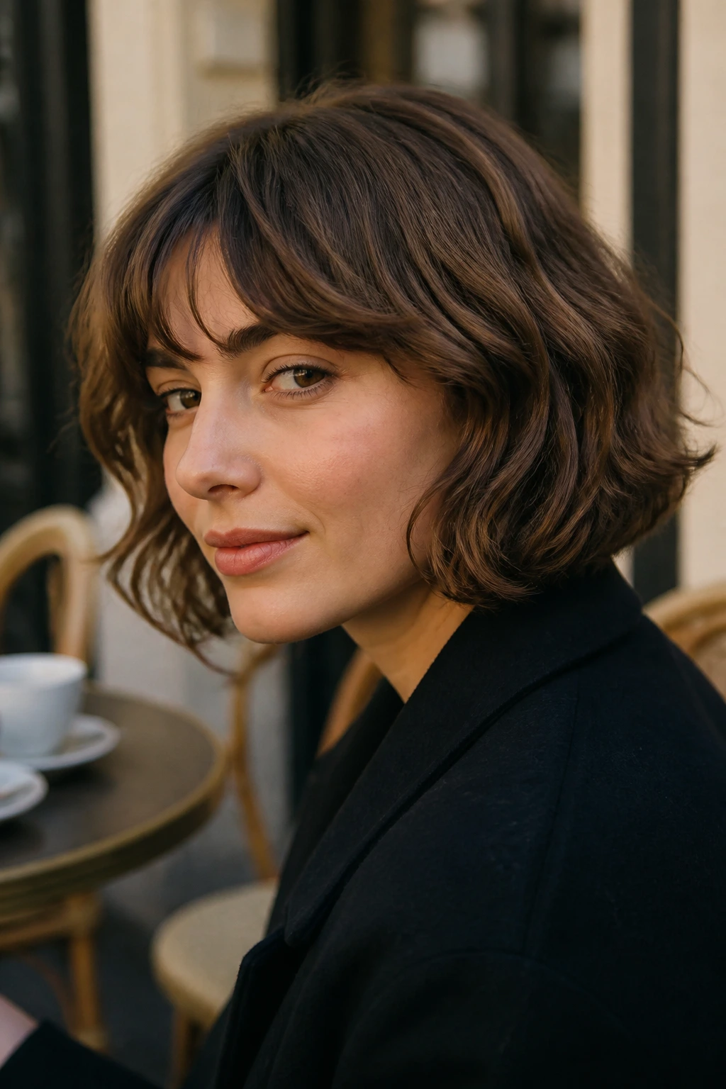 Portrait of a woman with a French-girl wavy bob and airy mid-length bend