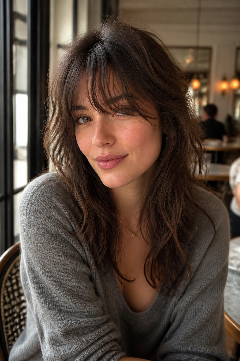 Portrait of a real woman with French-girl wolf cut and curtain bangs in a cafe setting