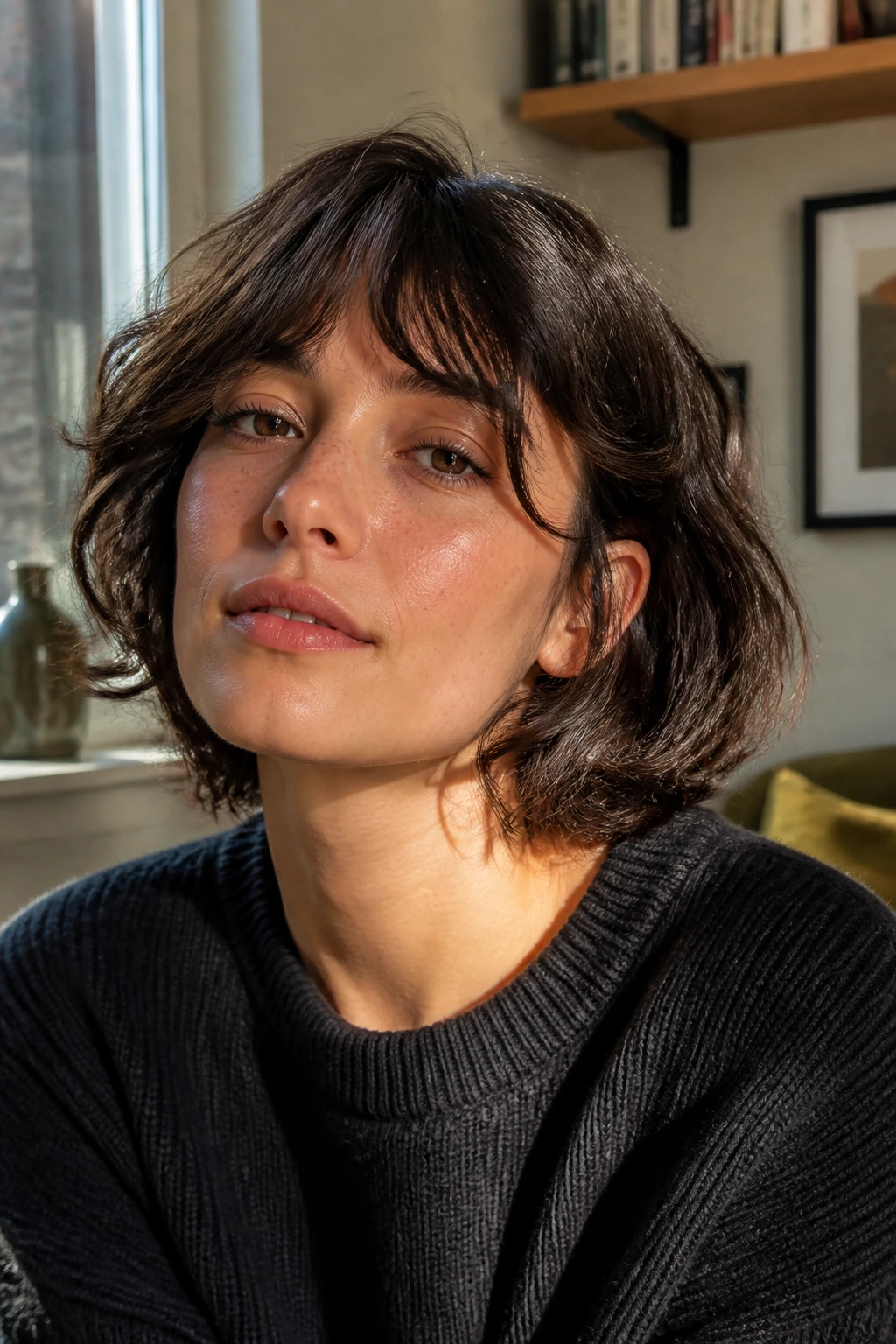 Close-up portrait of a real woman with a soft, brushed-through French-girl wolfcut