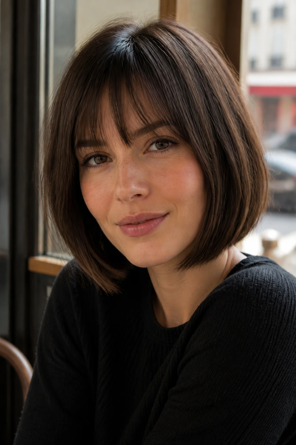 Close-up portrait of a real woman with French-inspired A-Line Bob and wispy fringe