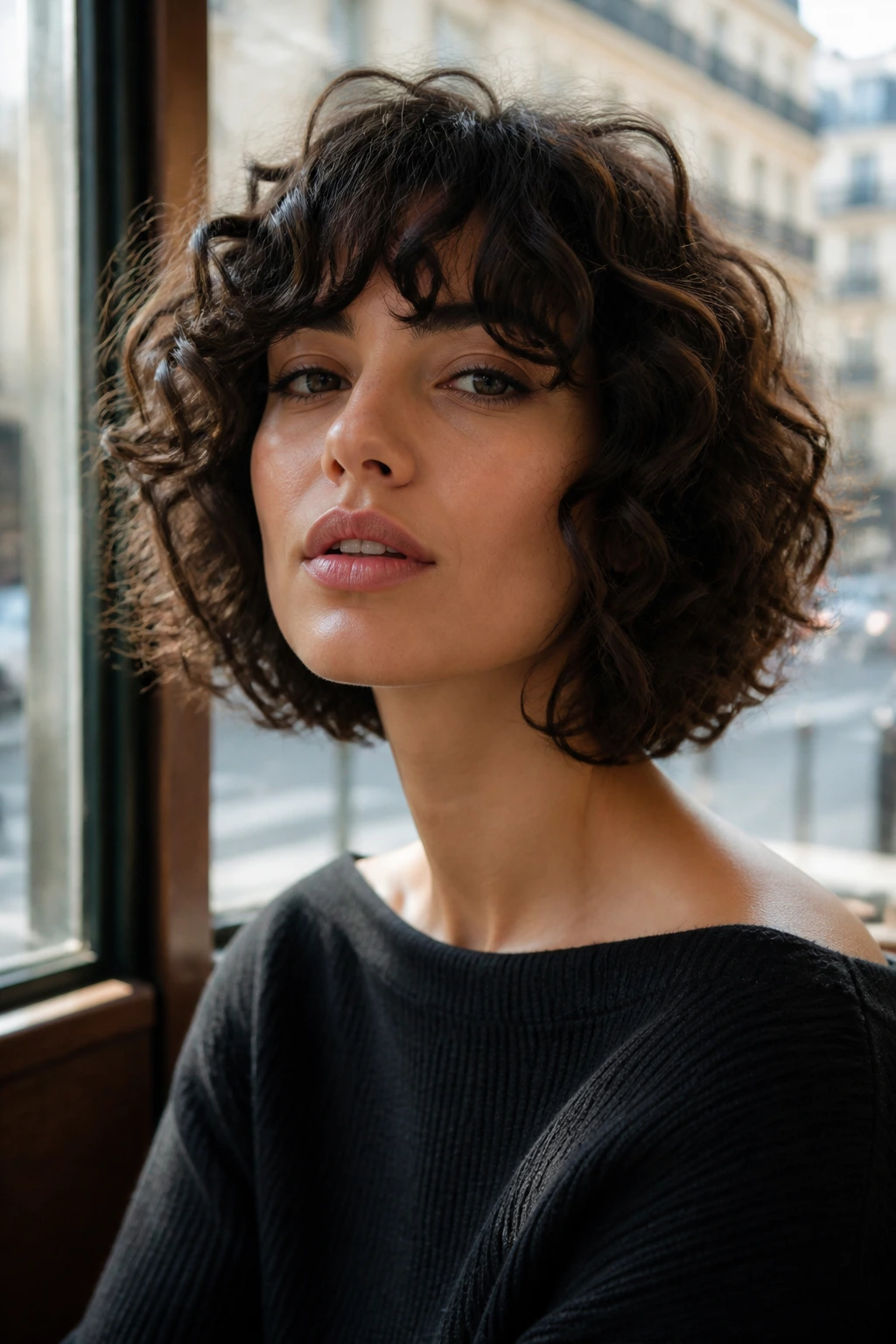 Close-up of a real woman with a curly bob and fringe