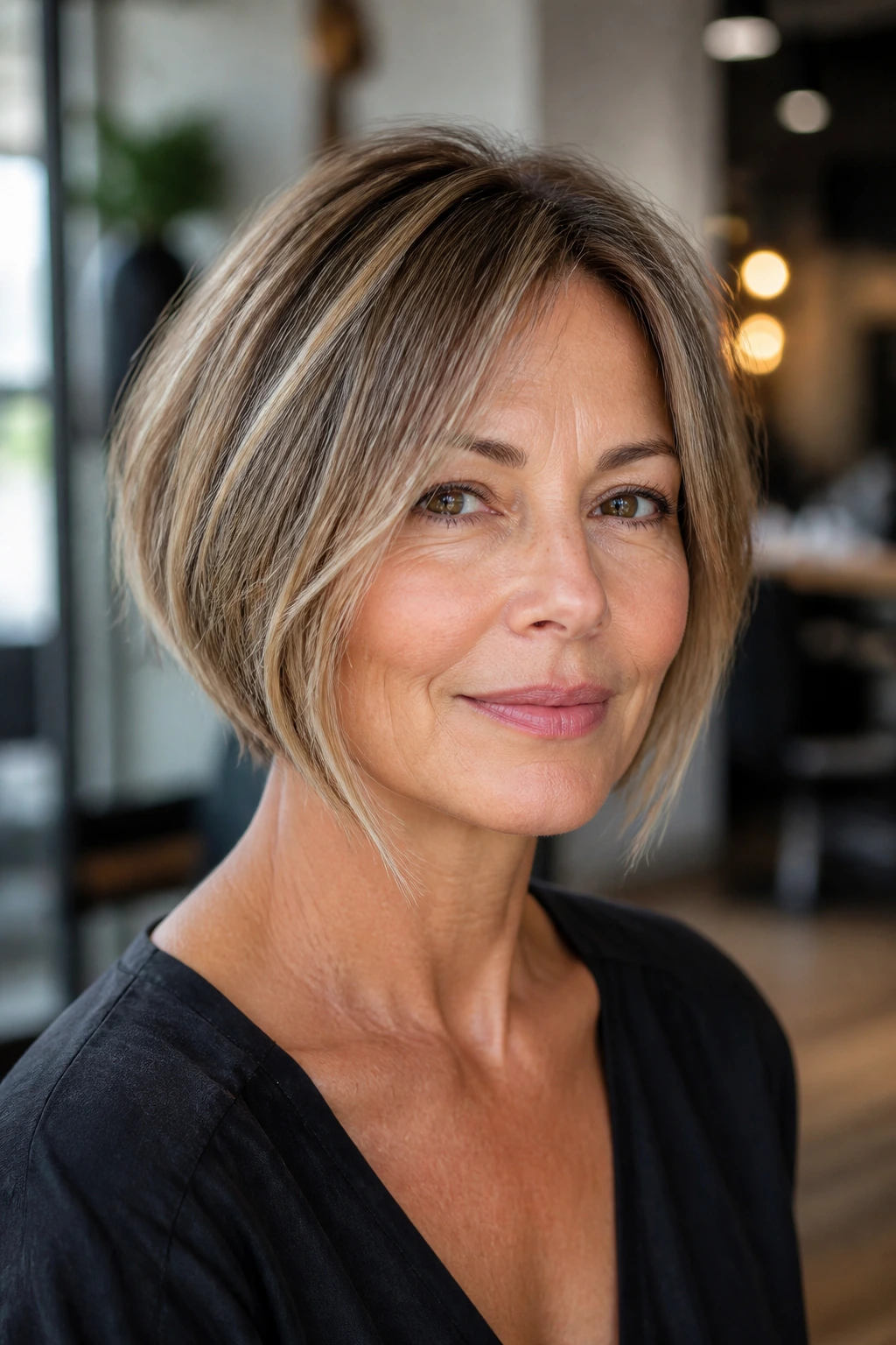 Close-up portrait of a real woman with French-inspired inverted bob in natural light
