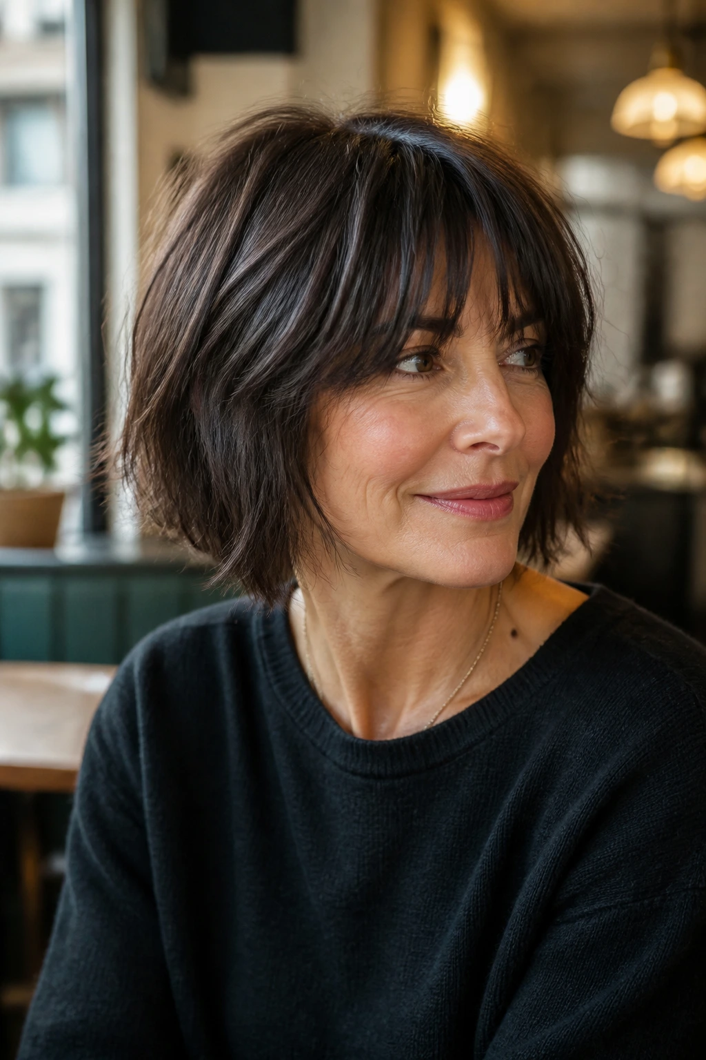 Close-up of a real woman with a French-inspired bob and lived-in fringe